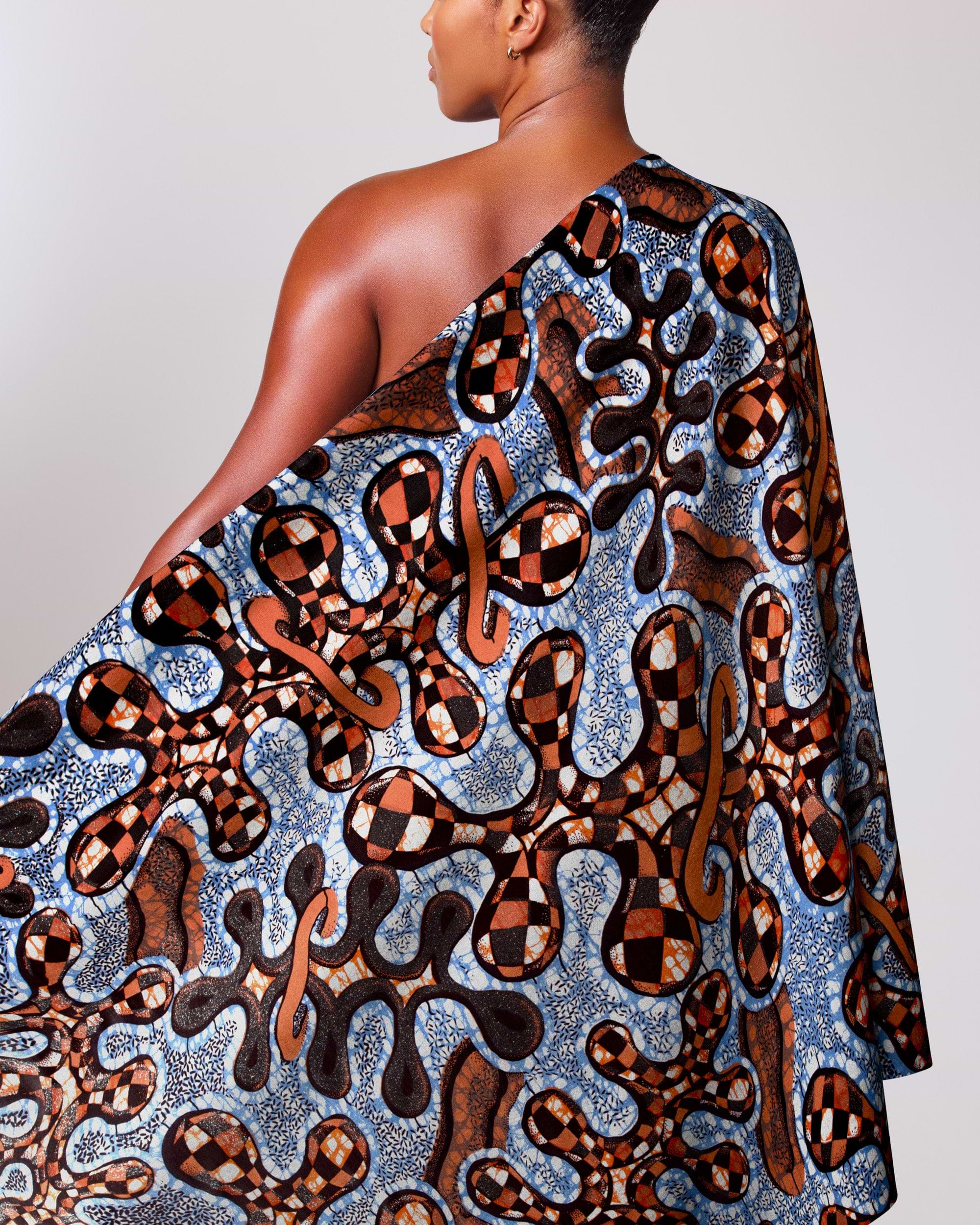 One-shoulder garment vibrant blue brown grand super-wax vls8132.003