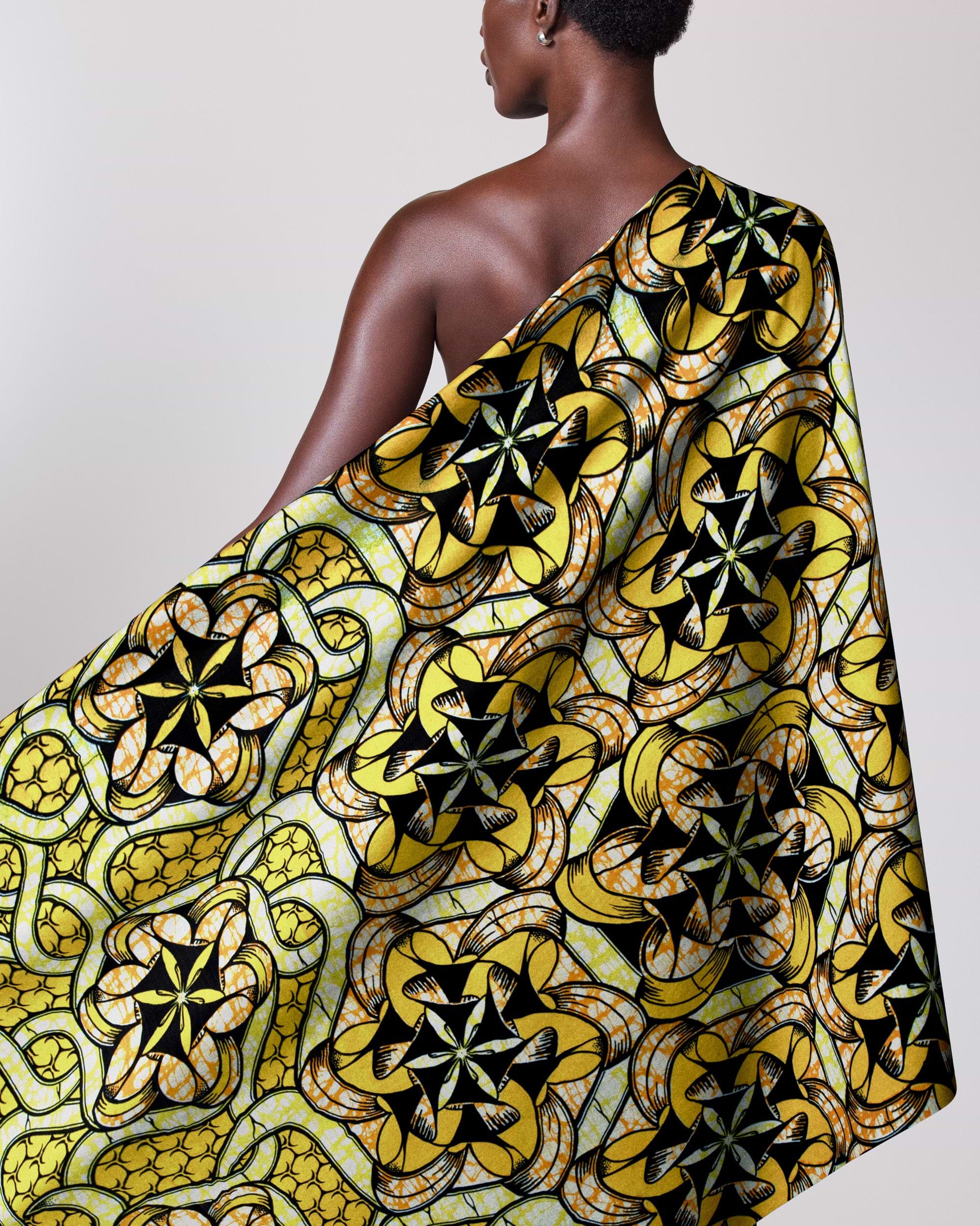 Vibrant yellow black patterned fabric super-wax vls8270.001