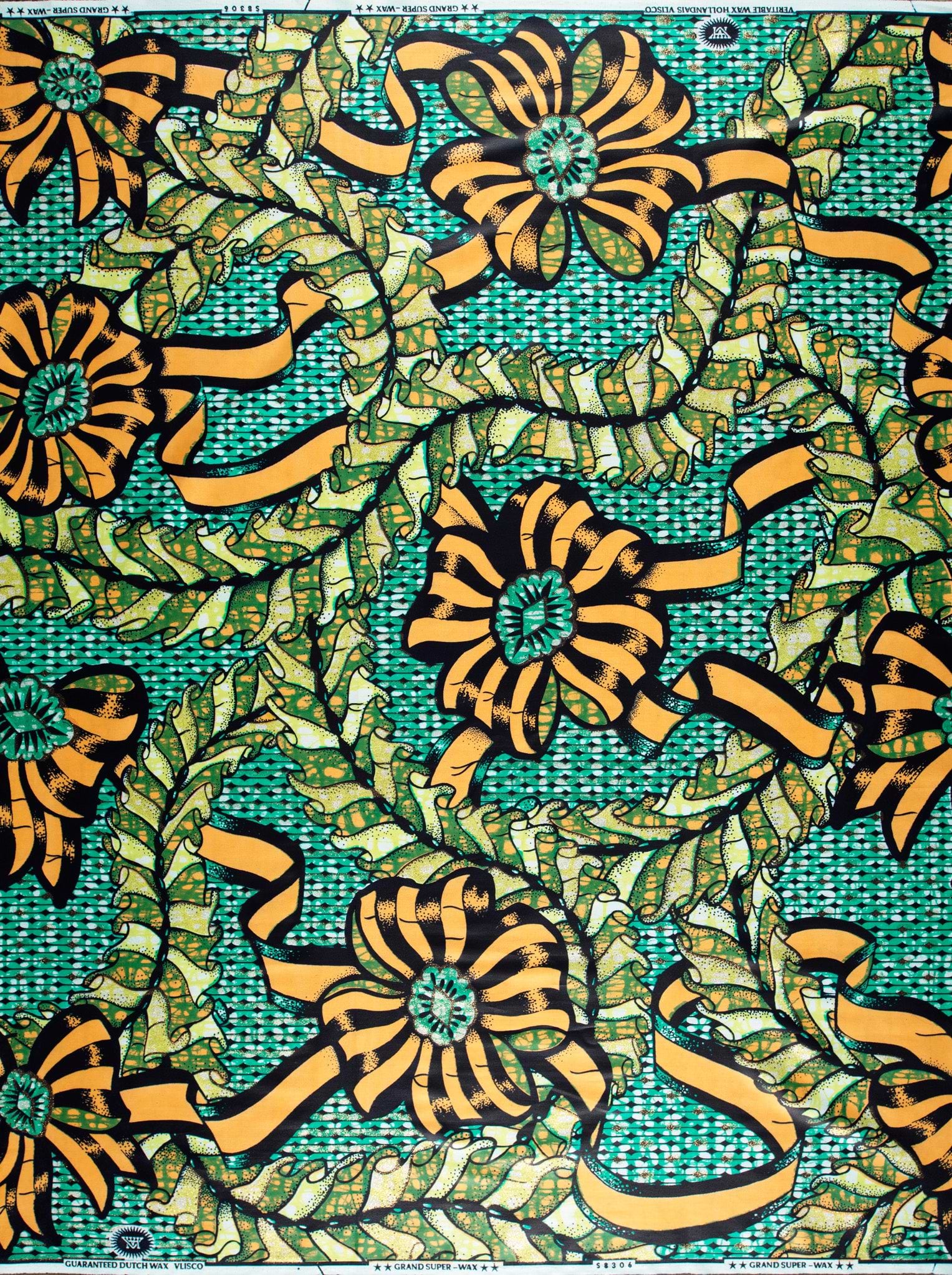Vibrant green orange floral-patterned fabric grand super-wax vls8306.007