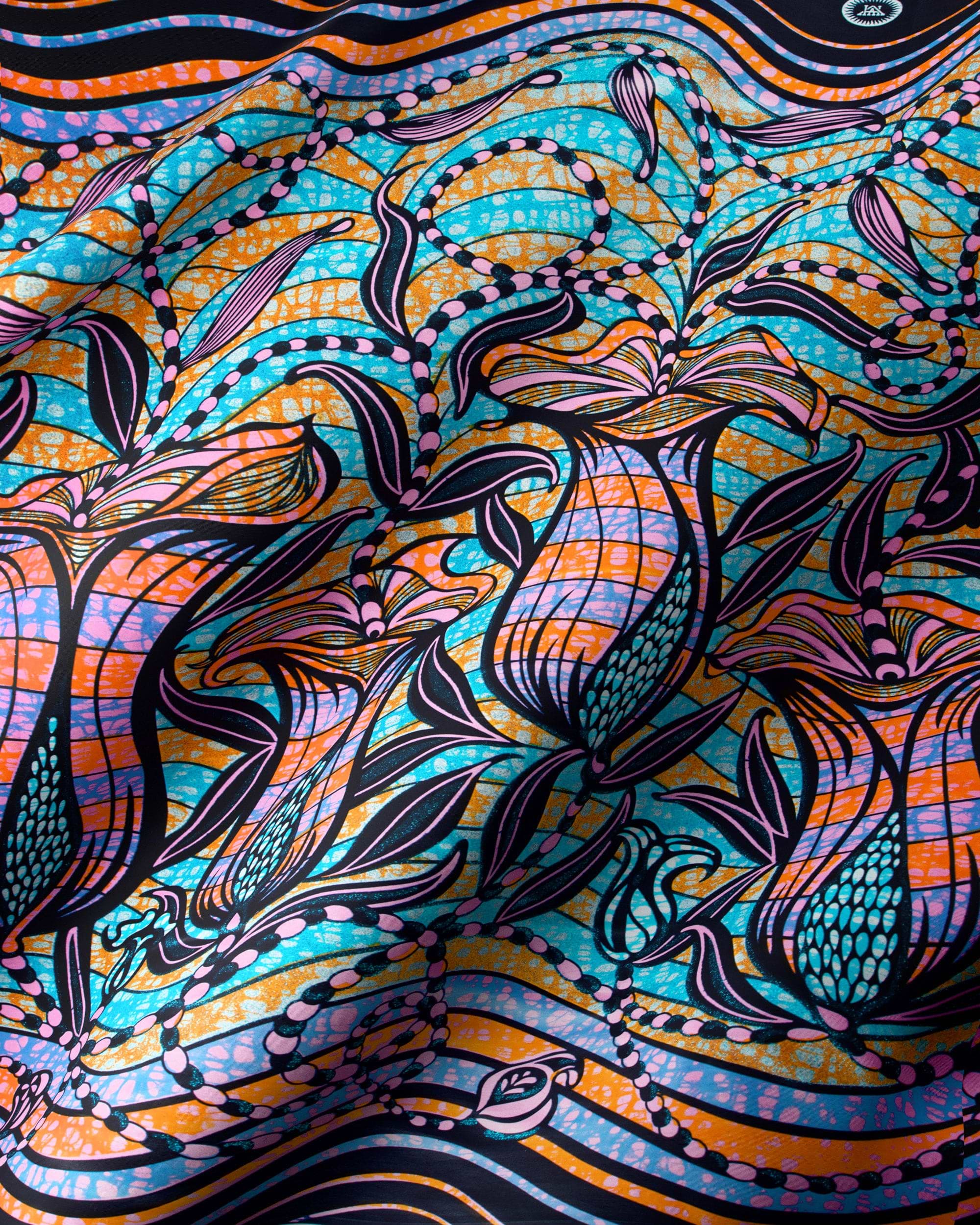 Vibrant turquoise orange patterned fabric grand super-wax vls9099.006