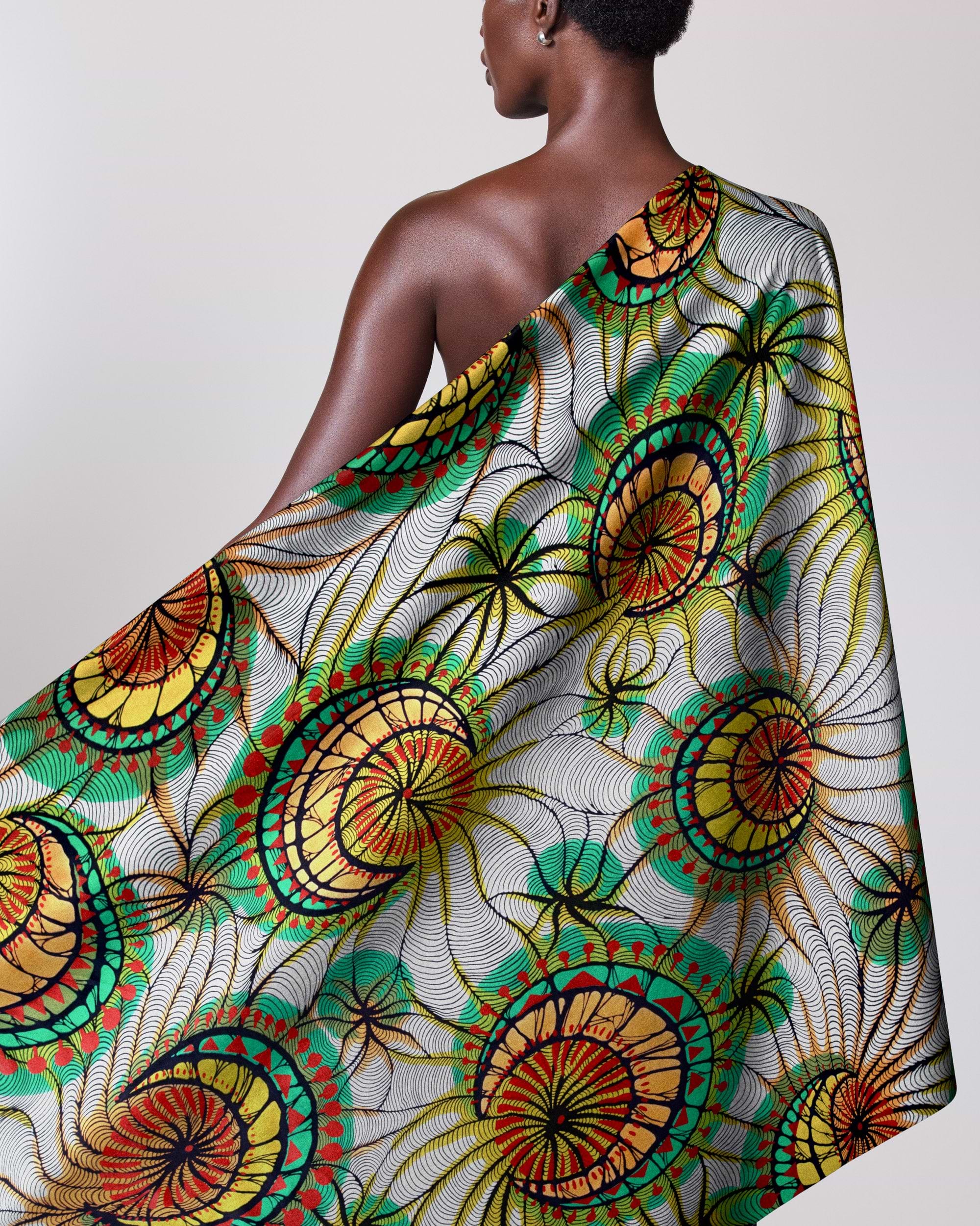 Vibrant patterned fabric draped model’s satin royal vlw0192.001