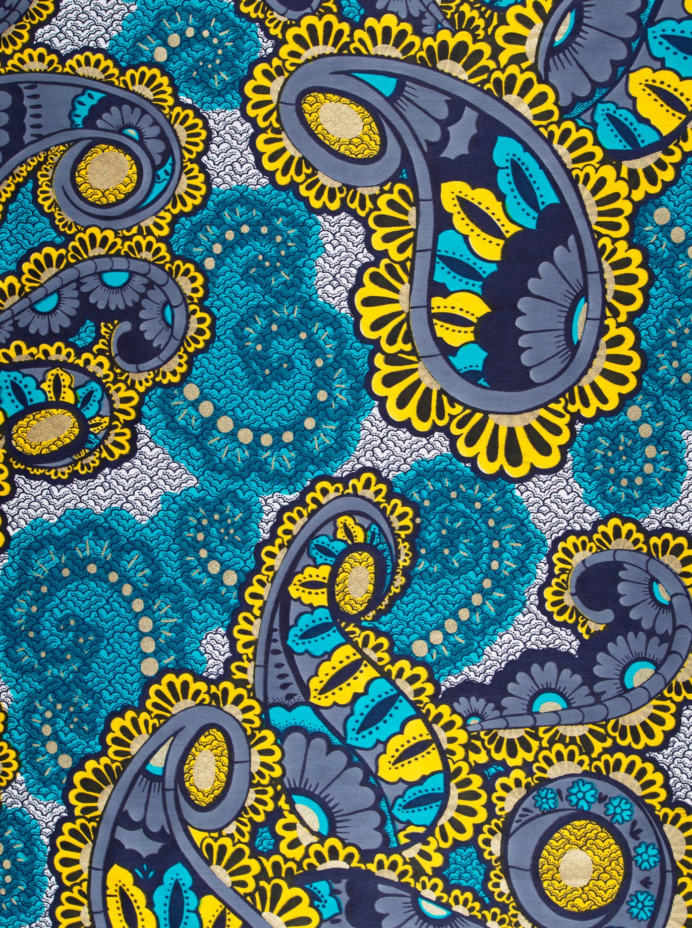 Vibrant turquoise yellow paisley-patterned fabric satin royal vlw0390.004