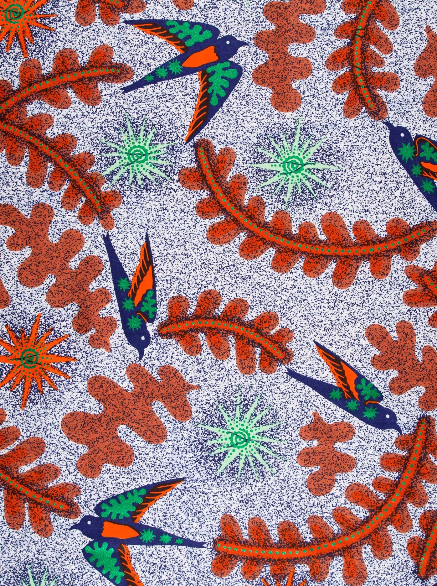 Vibrant bird leaf patterned fabric satin royal vlw1252.003