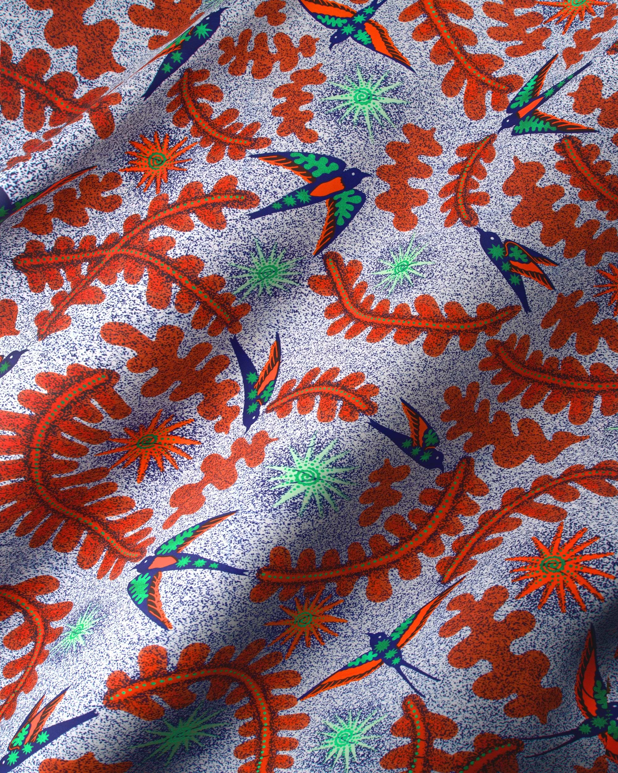 Vibrant orange green swallow-patterned fabric satin royal vlw1252.003