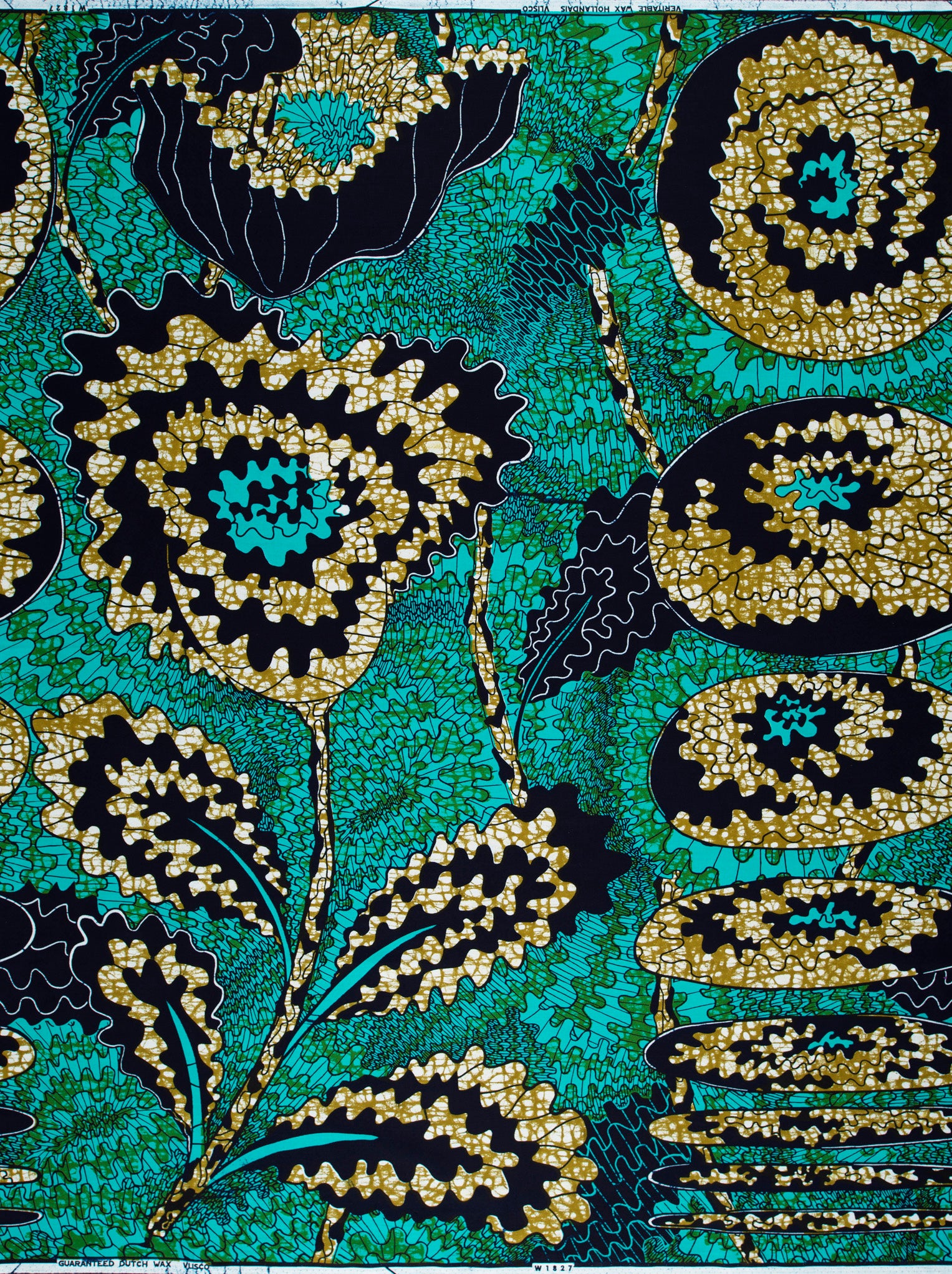 Vibrant turquoise black floral fabric wax hollandais vlw1827.003