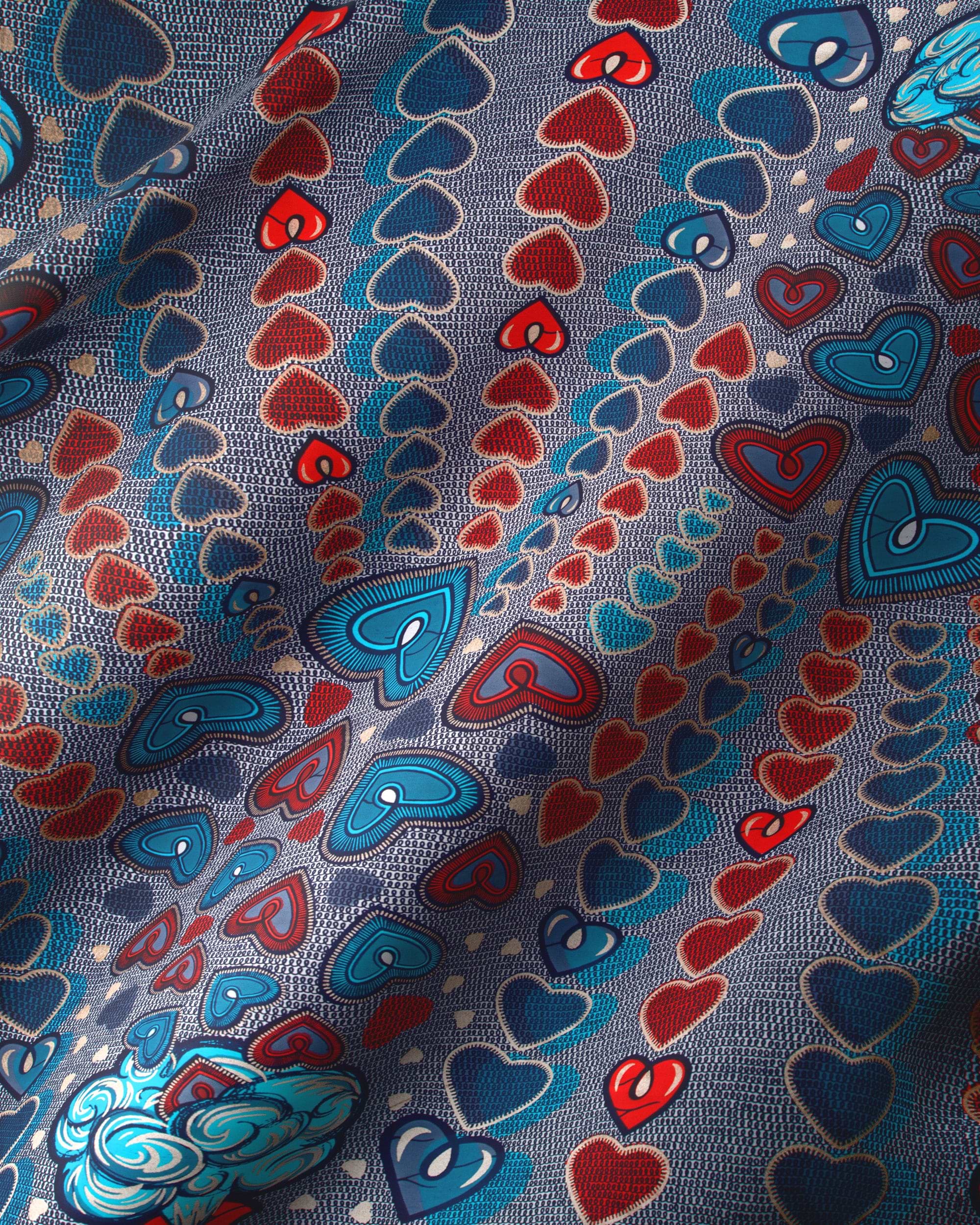 Blue red heart-patterned fabric textured satin royal vlw2776.003