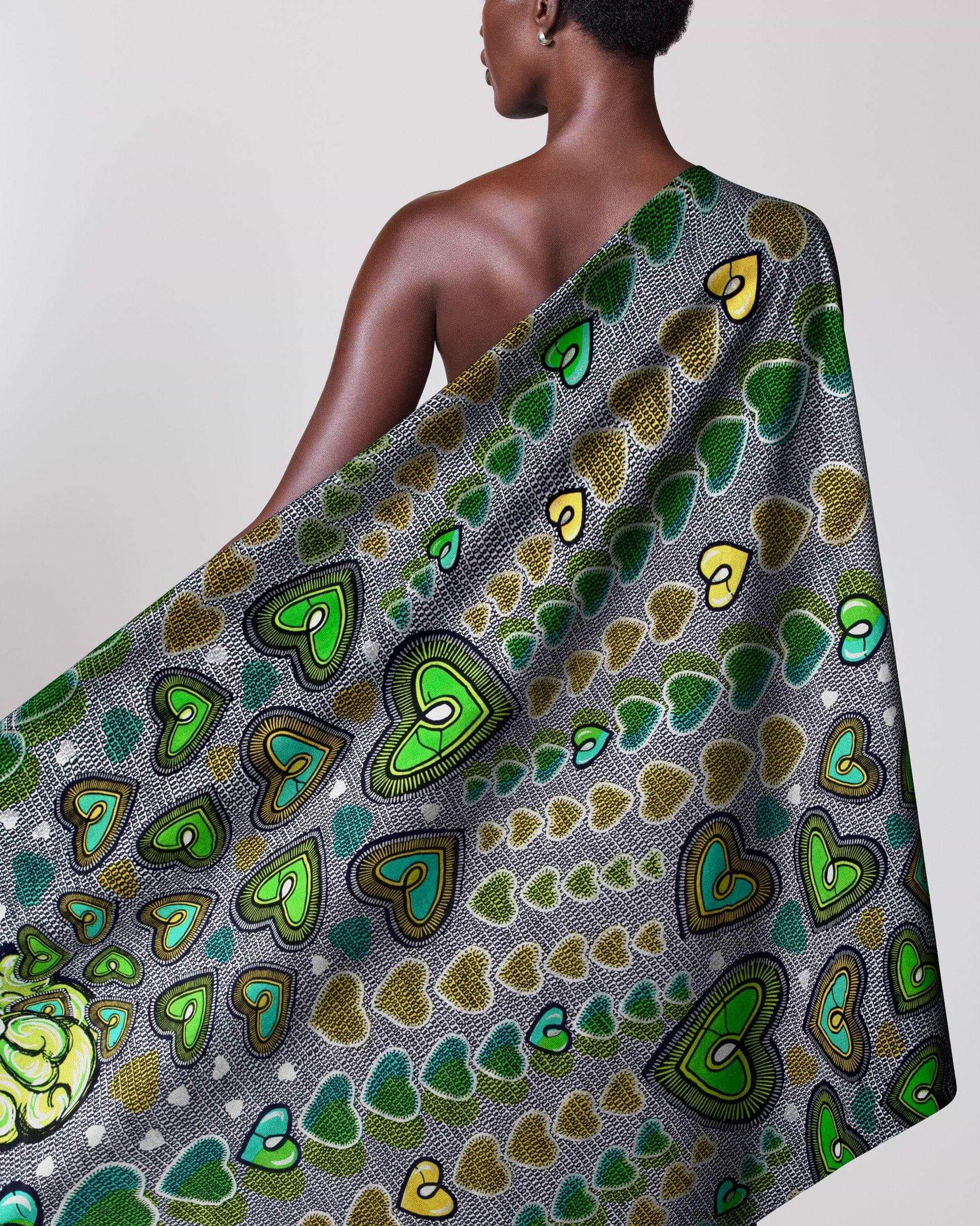 Vibrant patterned fabric draped model’s satin royal vlw2776.004