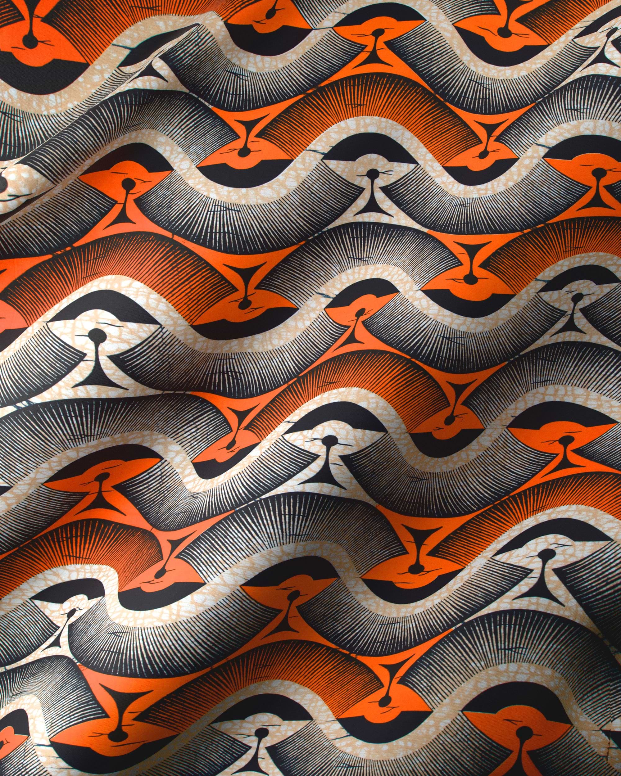 Vibrant orange black cream-colored fabric wax hollandais vlw2975.003