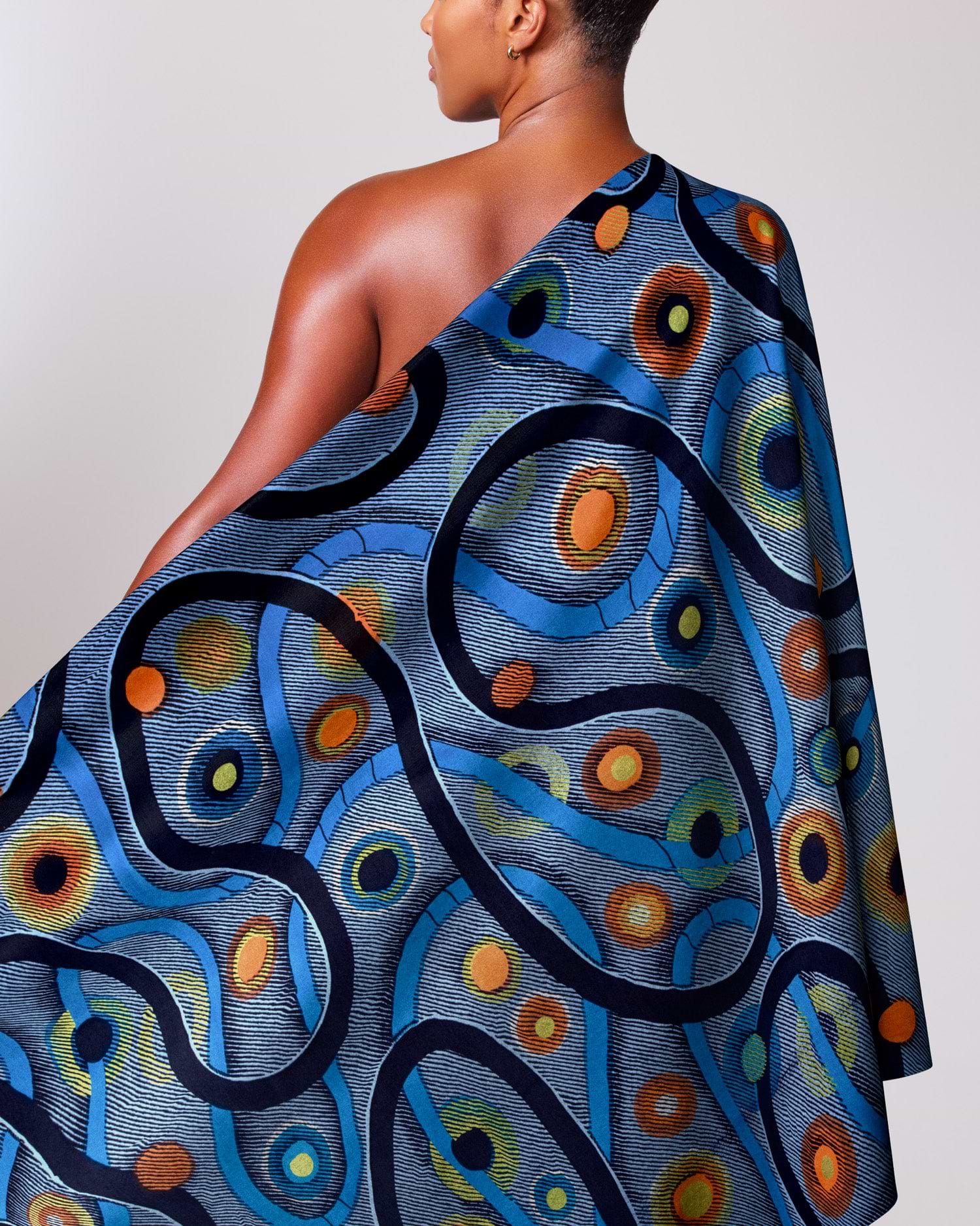 Vibrant blue one-shoulder wrap dress satin royal vlw3211.001