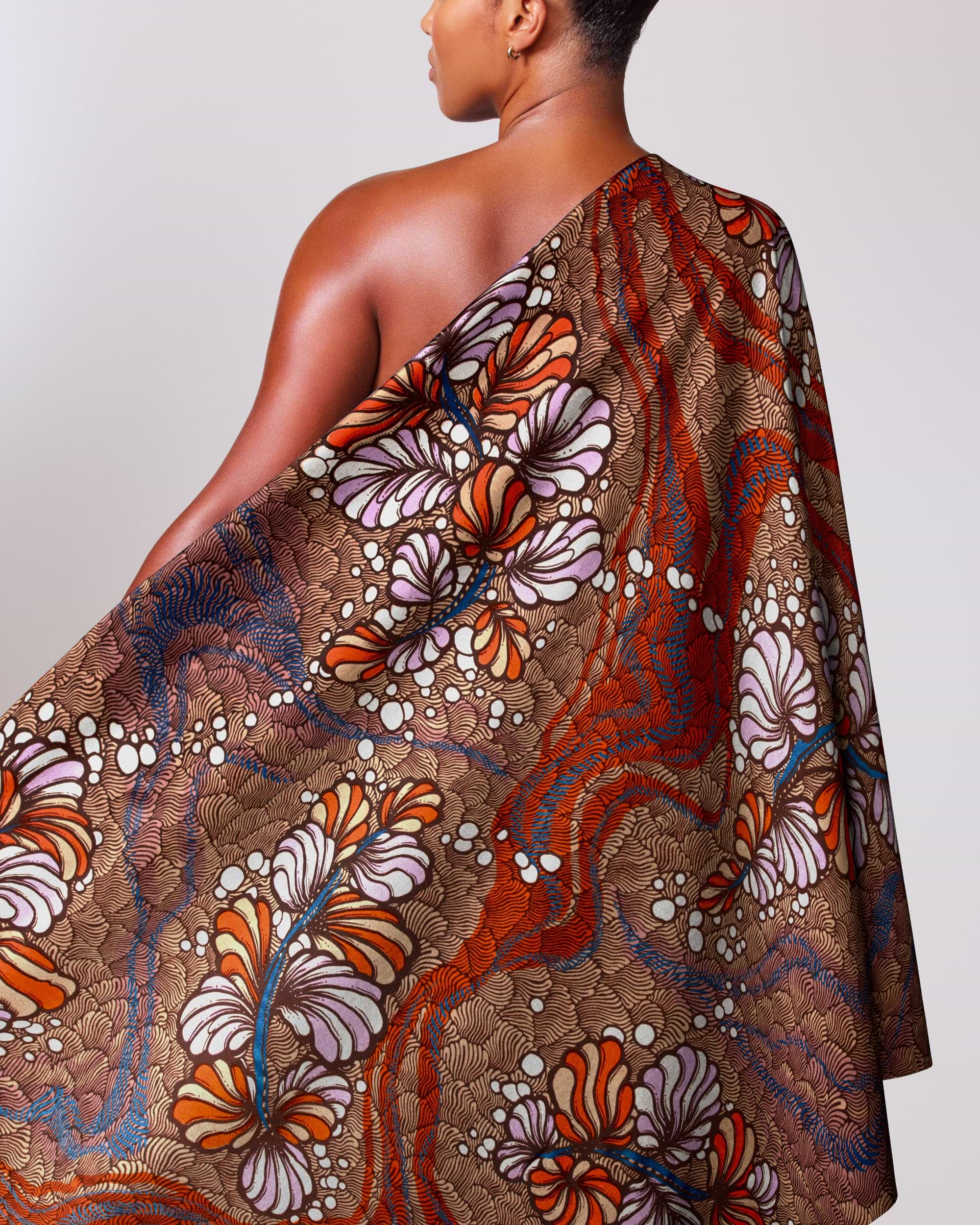 One-shoulder wrap dress rich brown satin royal vlw3532.006