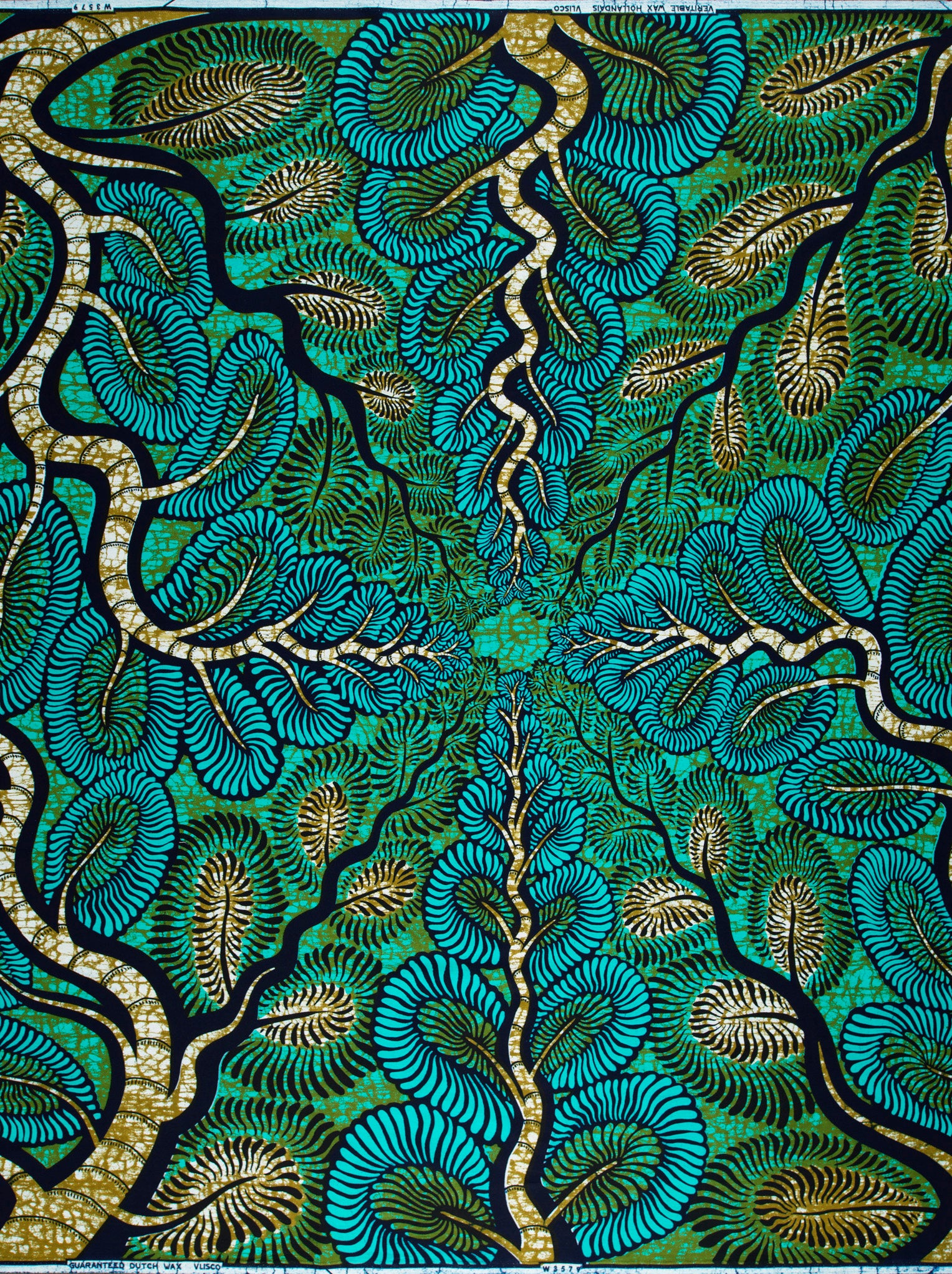 Vibrant turquoise gold leaf-patterned african wax hollandais vlw3579.003