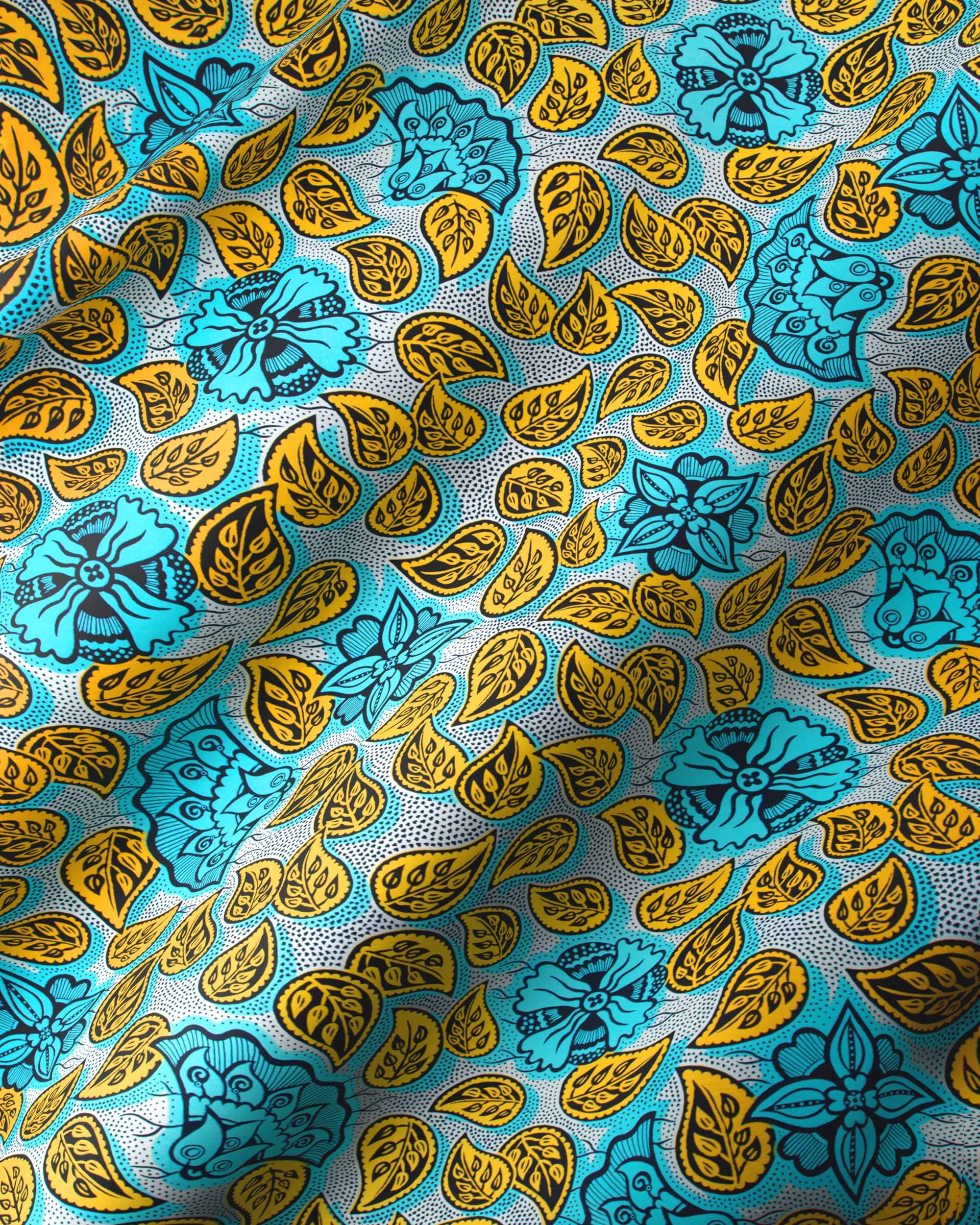 Vibrant turquoise gold patterned fabric wax hollandais vlw4450.016