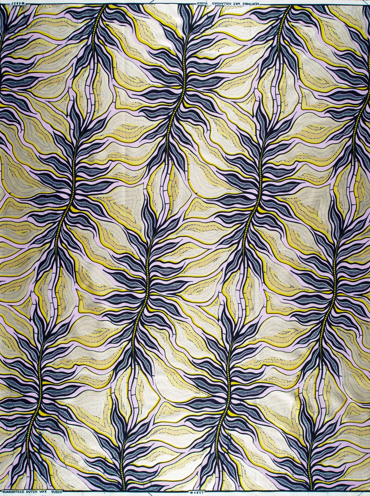 Vibrant yellow navy blue leaf-patterned wax hollandais vlw4857.024