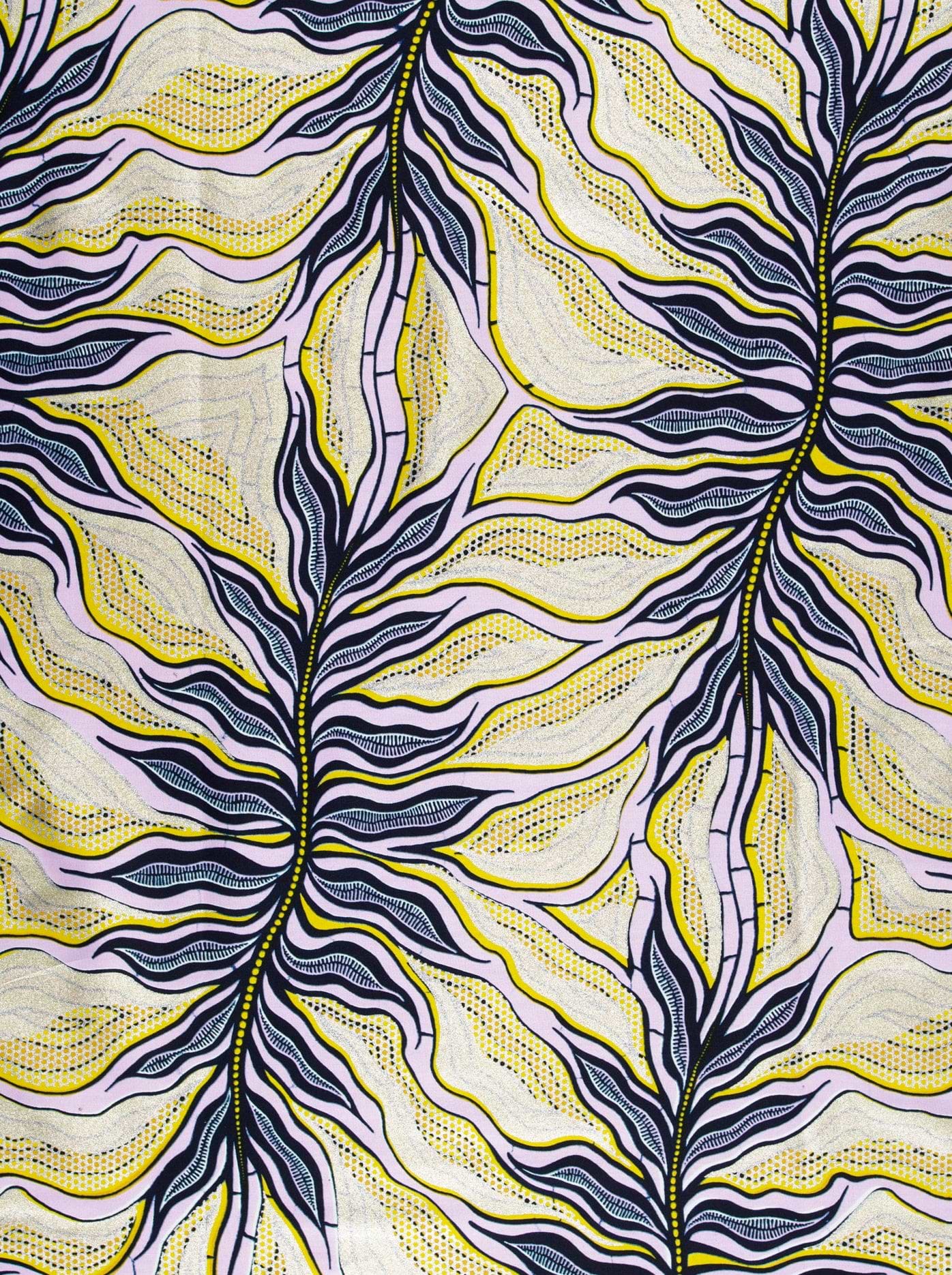 Vibrant yellow navy leaf-patterned fabric wax hollandais vlw4857.024