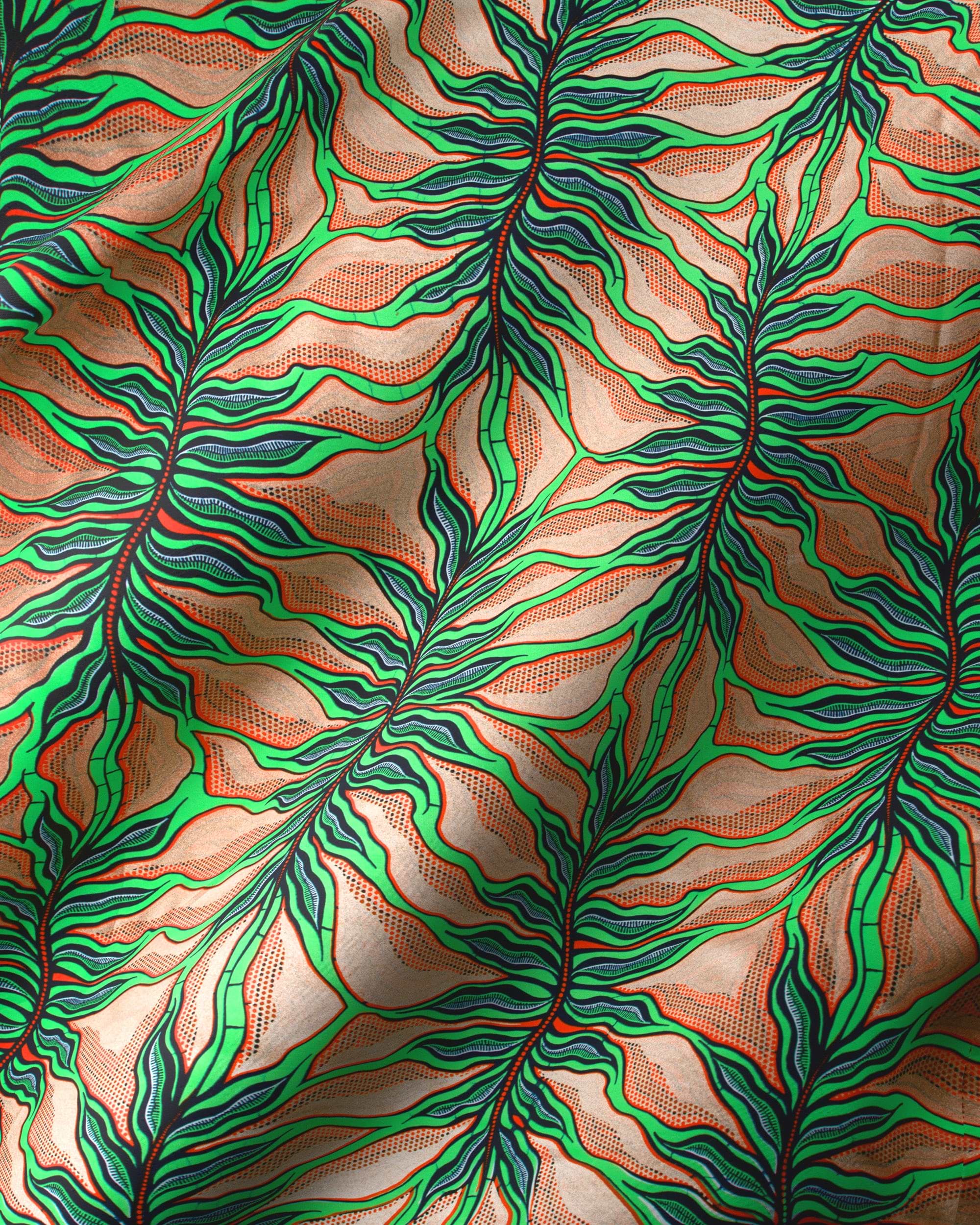 Vibrant green orange leaf-patterned fabric wax hollandais vlw4857.025