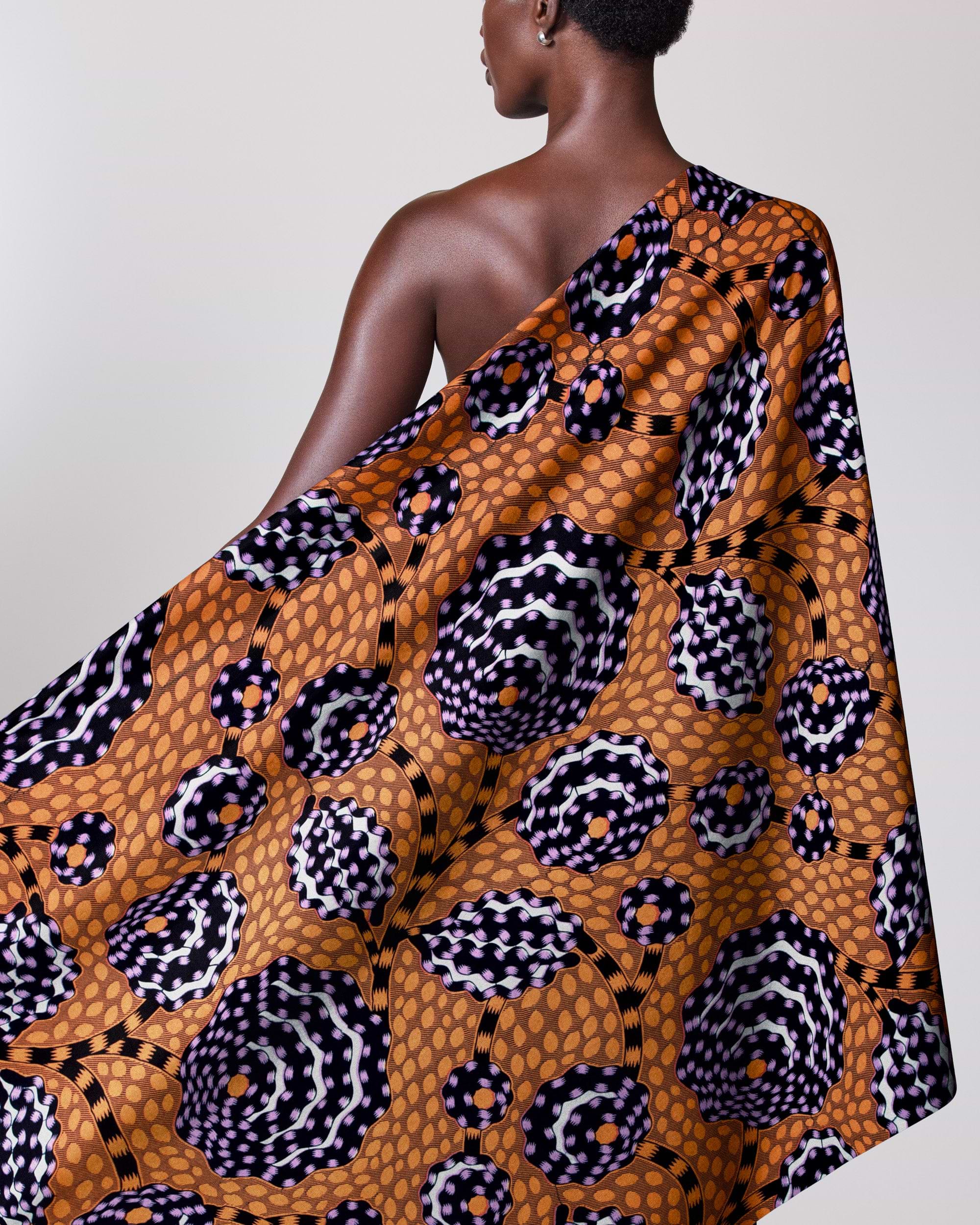 Vibrant orange black patterned fabric wax hollandais vlw5069.014
