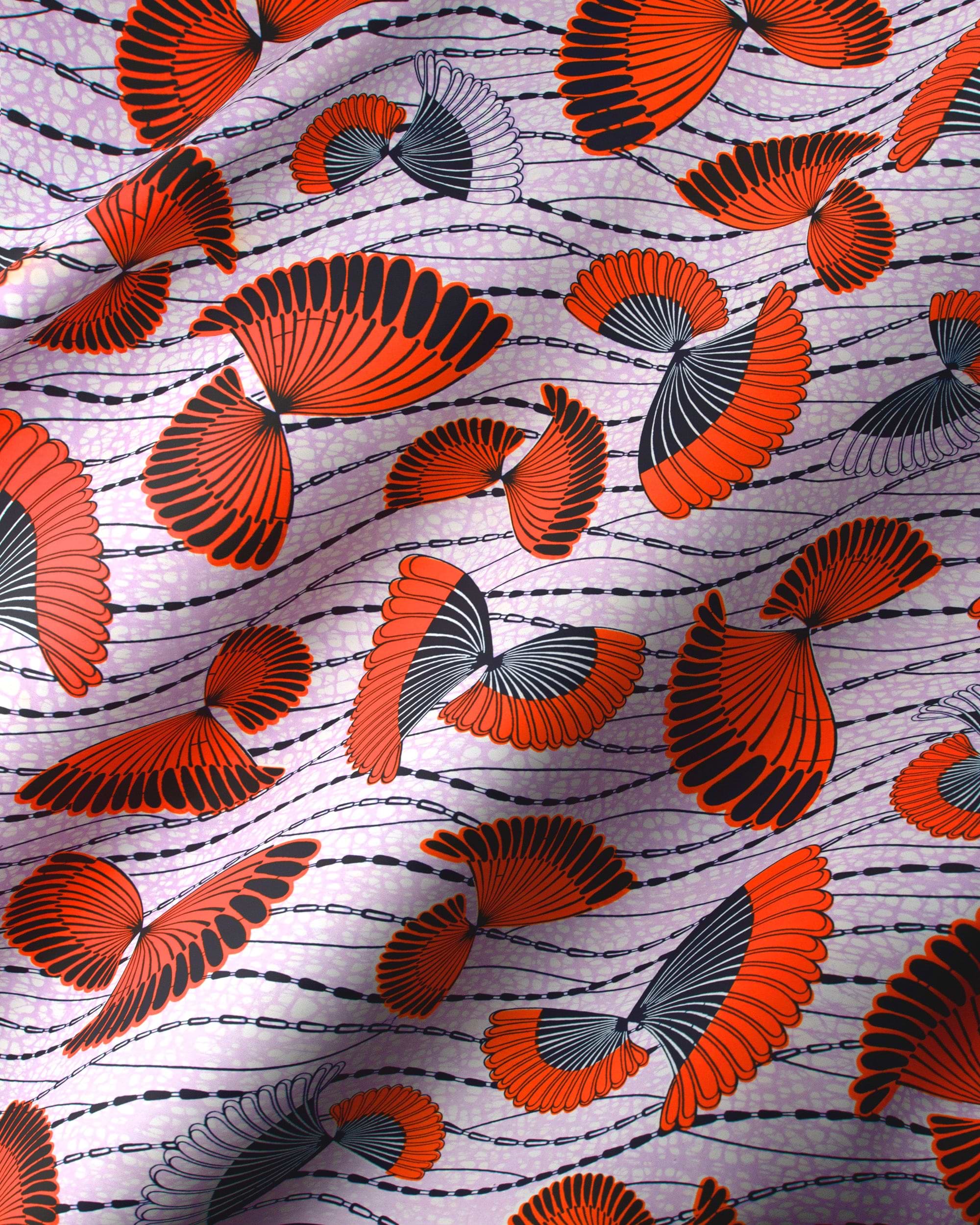 Vibrant orange black fan-shaped motifs wax hollandais vlw5154.001