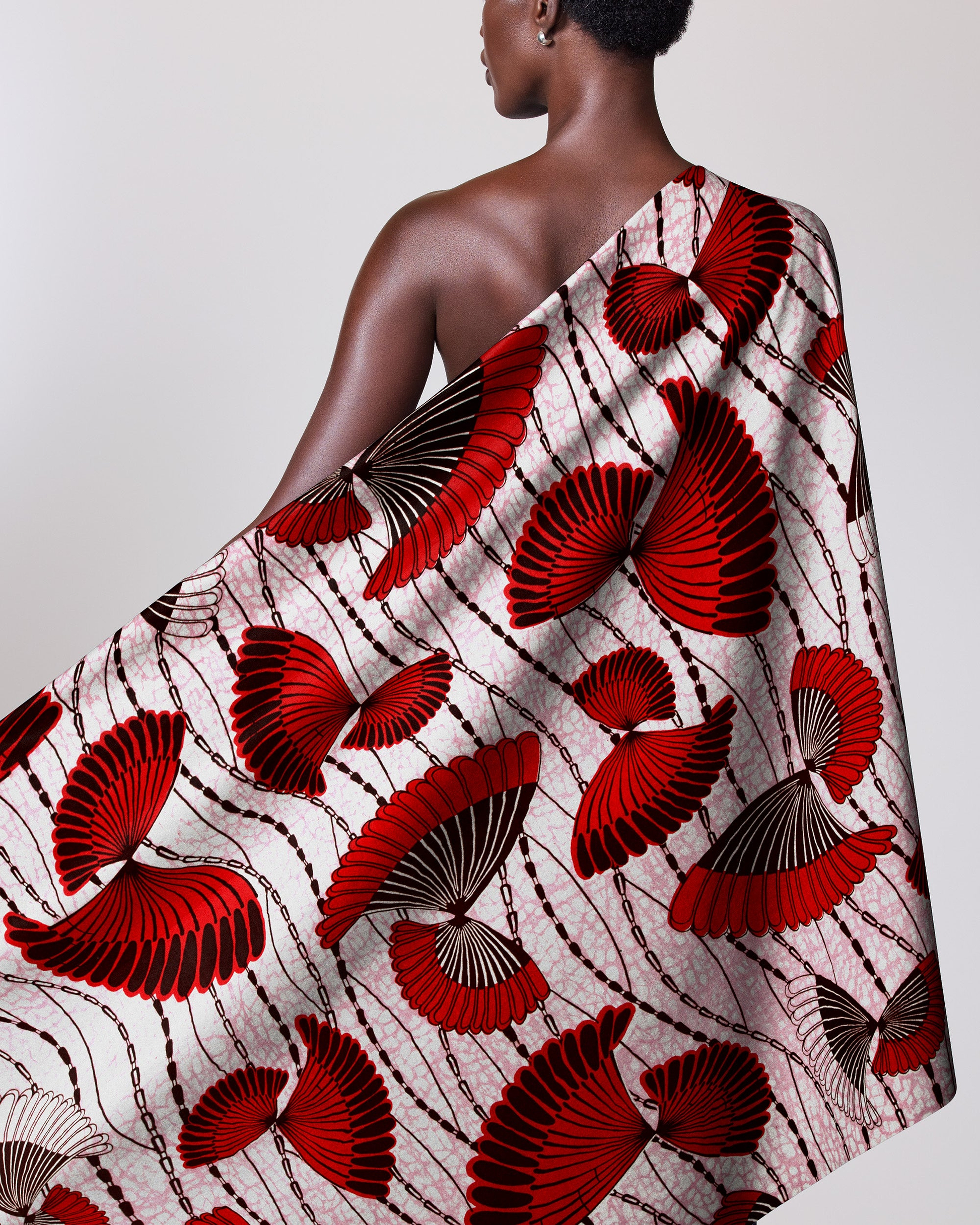 Vibrant red black fan-patterned fabric wax hollandais vlw5154.006