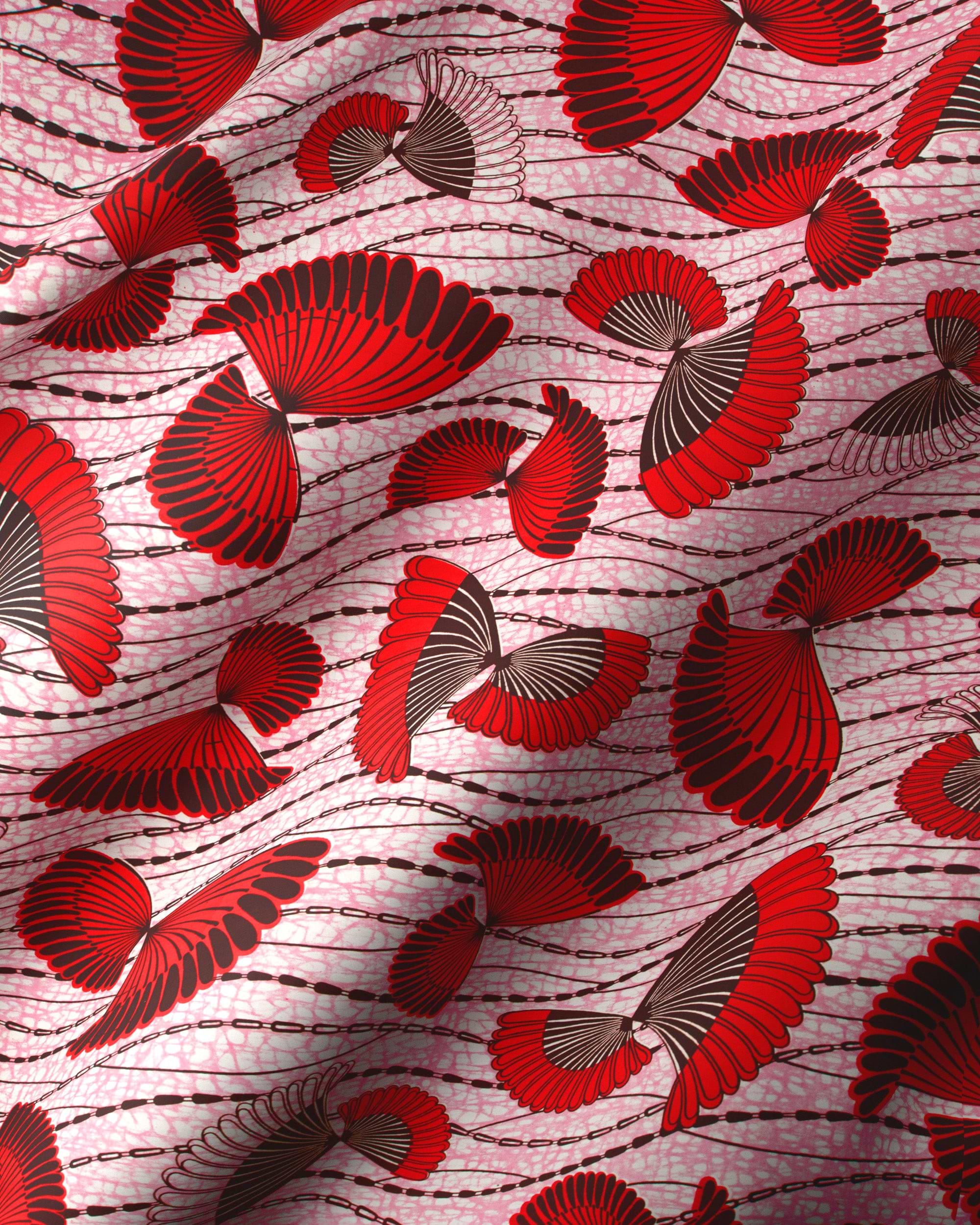 Vibrant red black fan-shaped motifs wax hollandais vlw5154.006