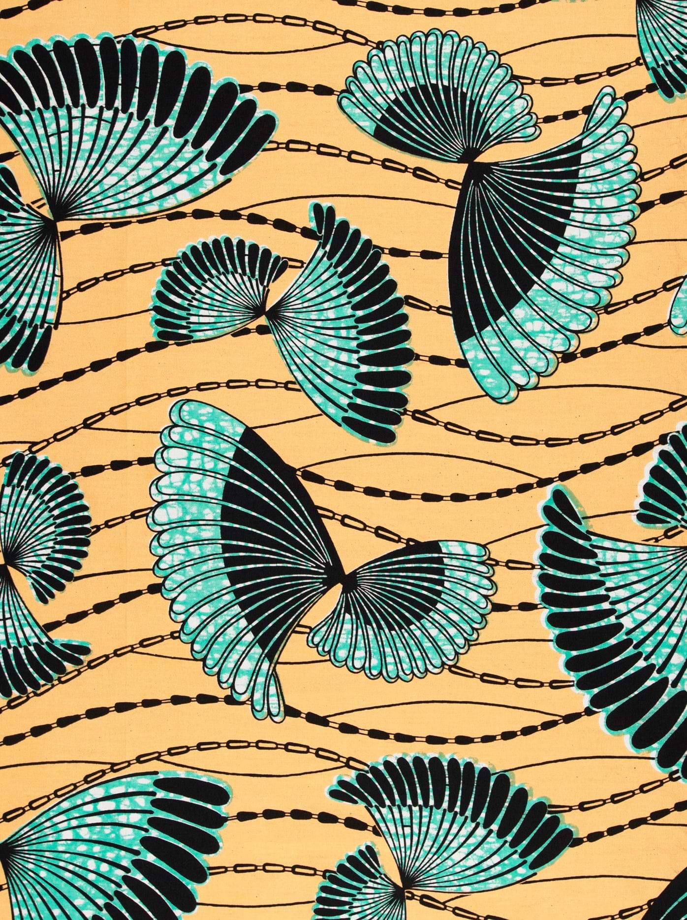 Teal black fan-shaped motifs warm wax hollandais vlw5154.007