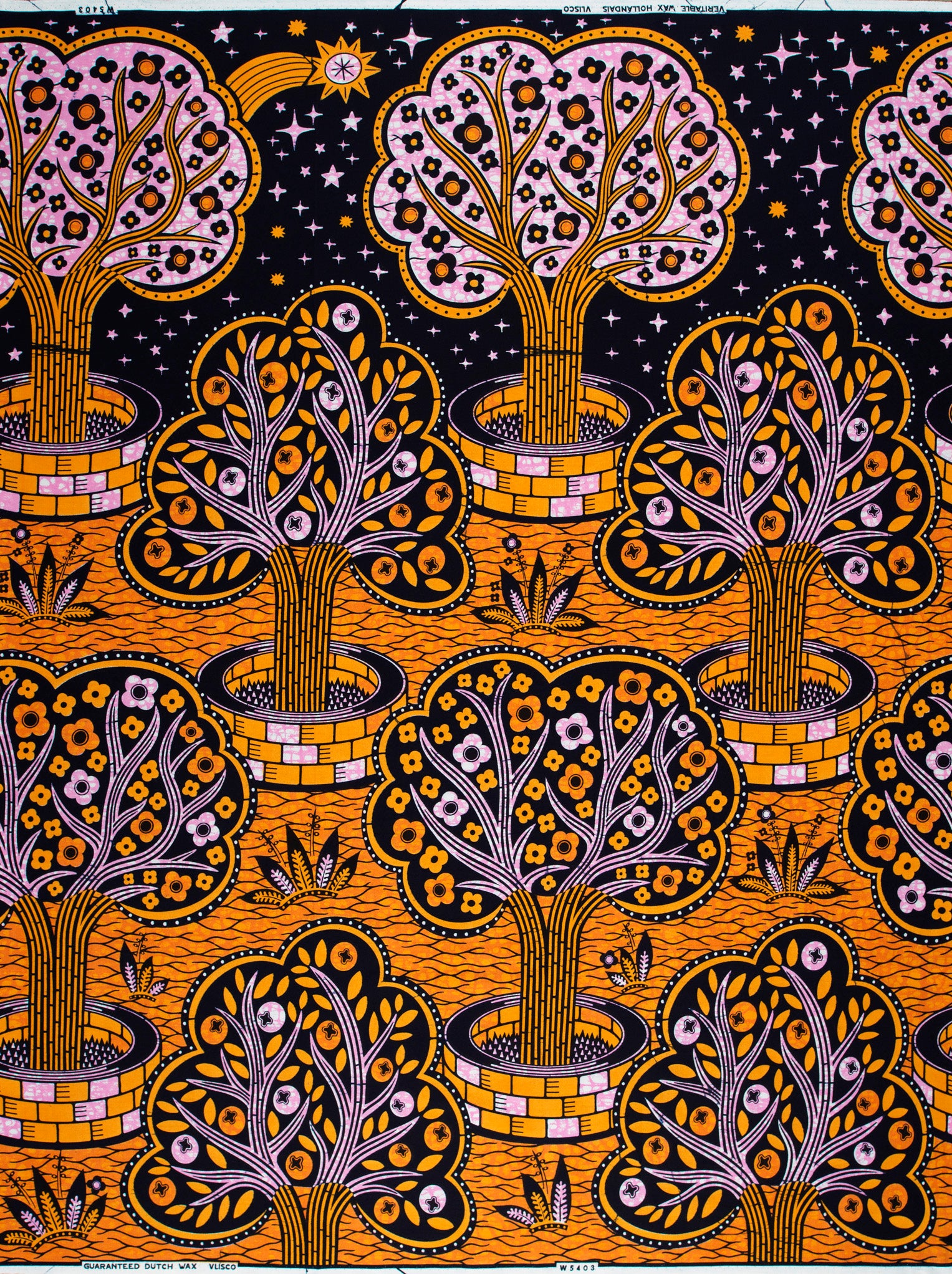 Vibrant orange black patterned fabric wax hollandais vlw5403.001