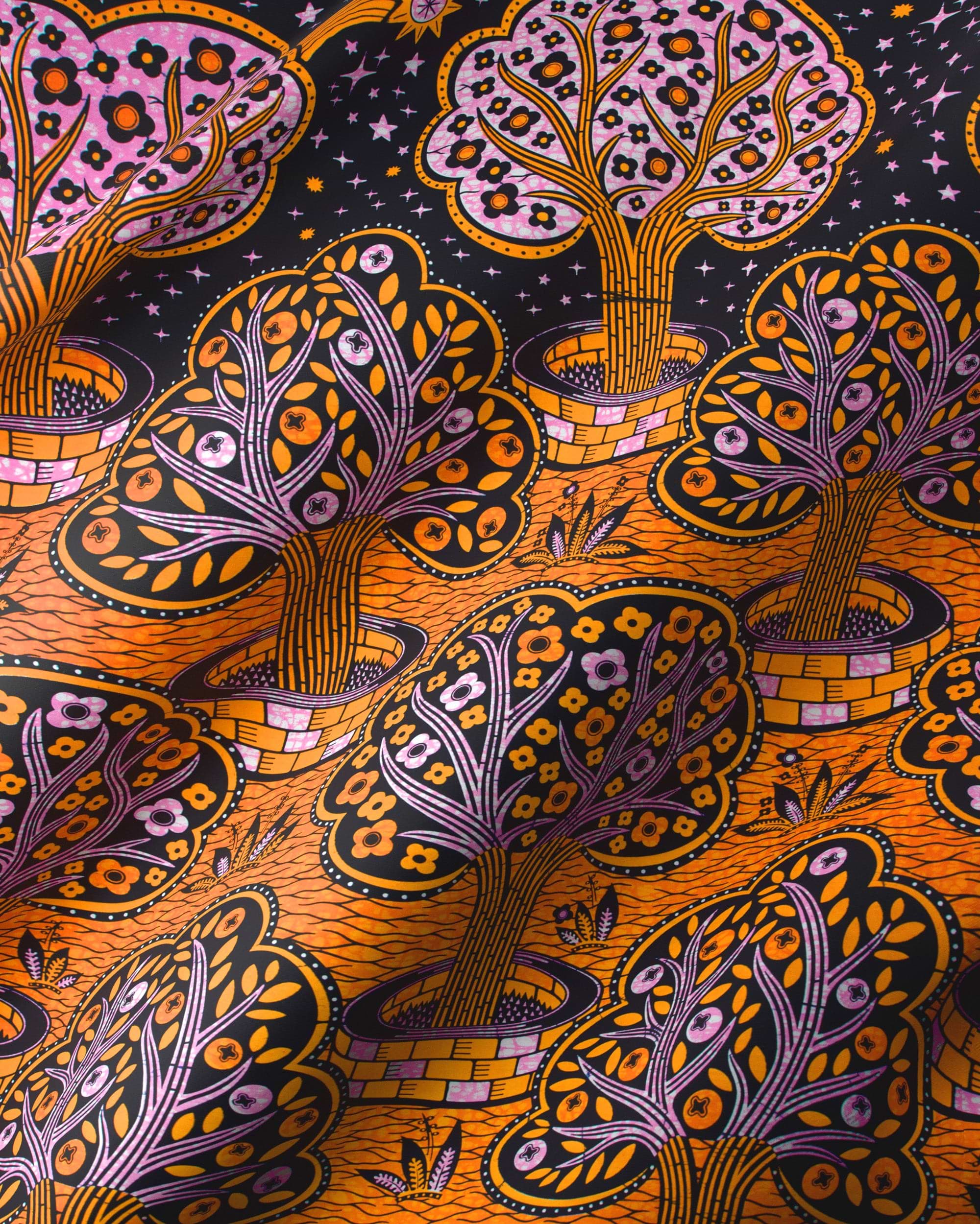 Vibrant orange purple stylized trees wax hollandais vlw5403.001