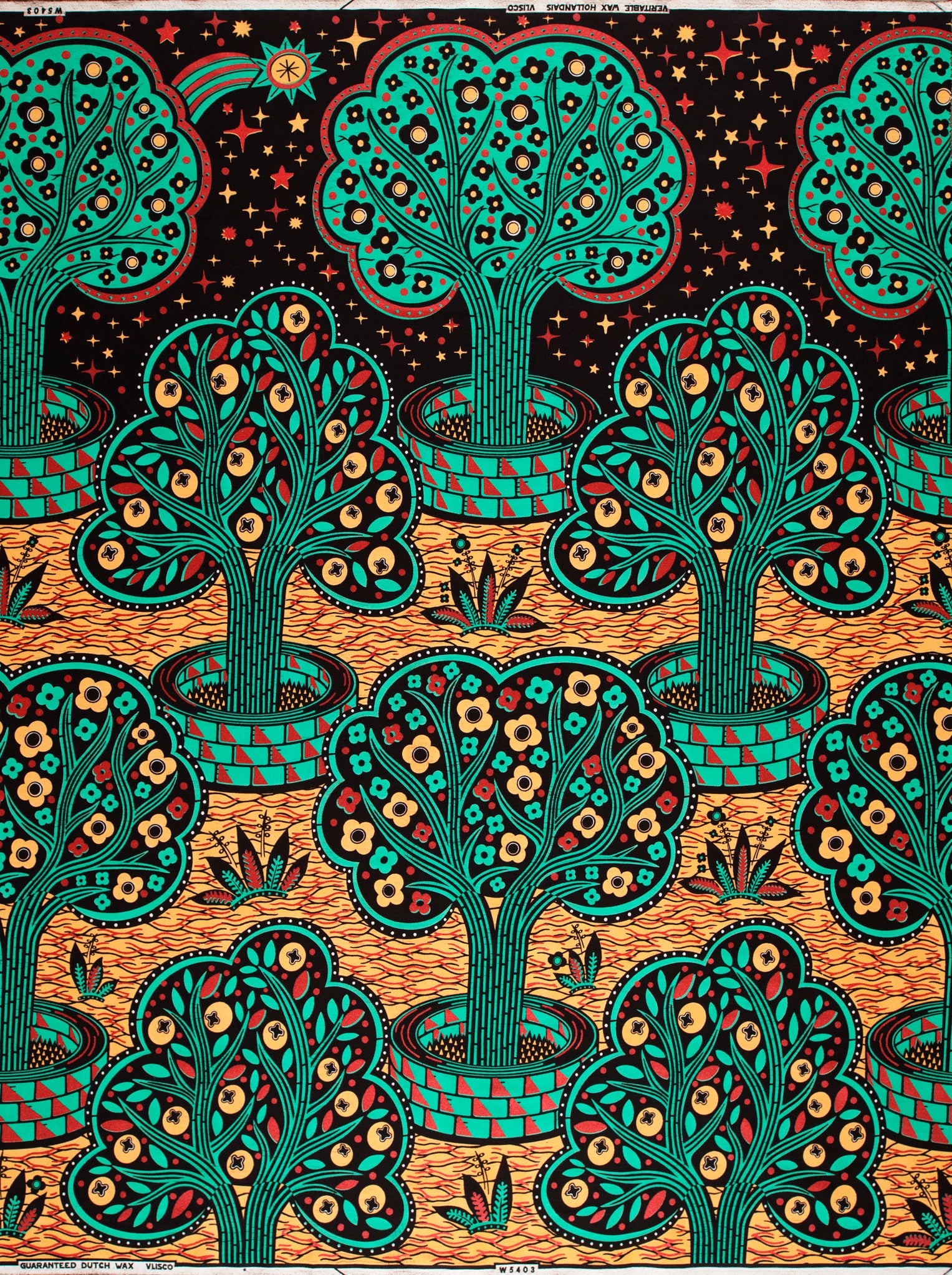 Vibrant teal trees intricate floral wax hollandais vlw5403.007