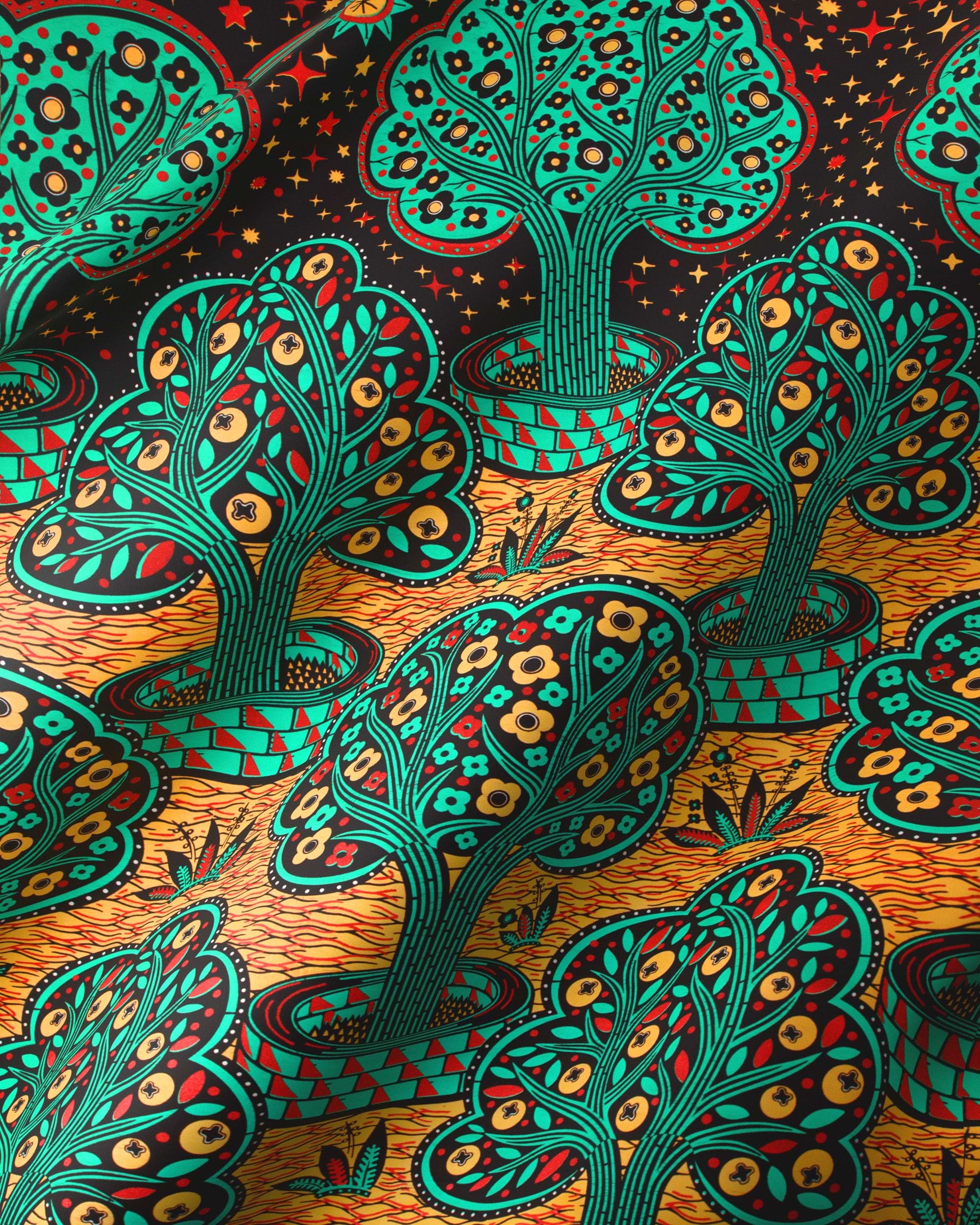 Vibrant teal red stylized trees wax hollandais vlw5403.007