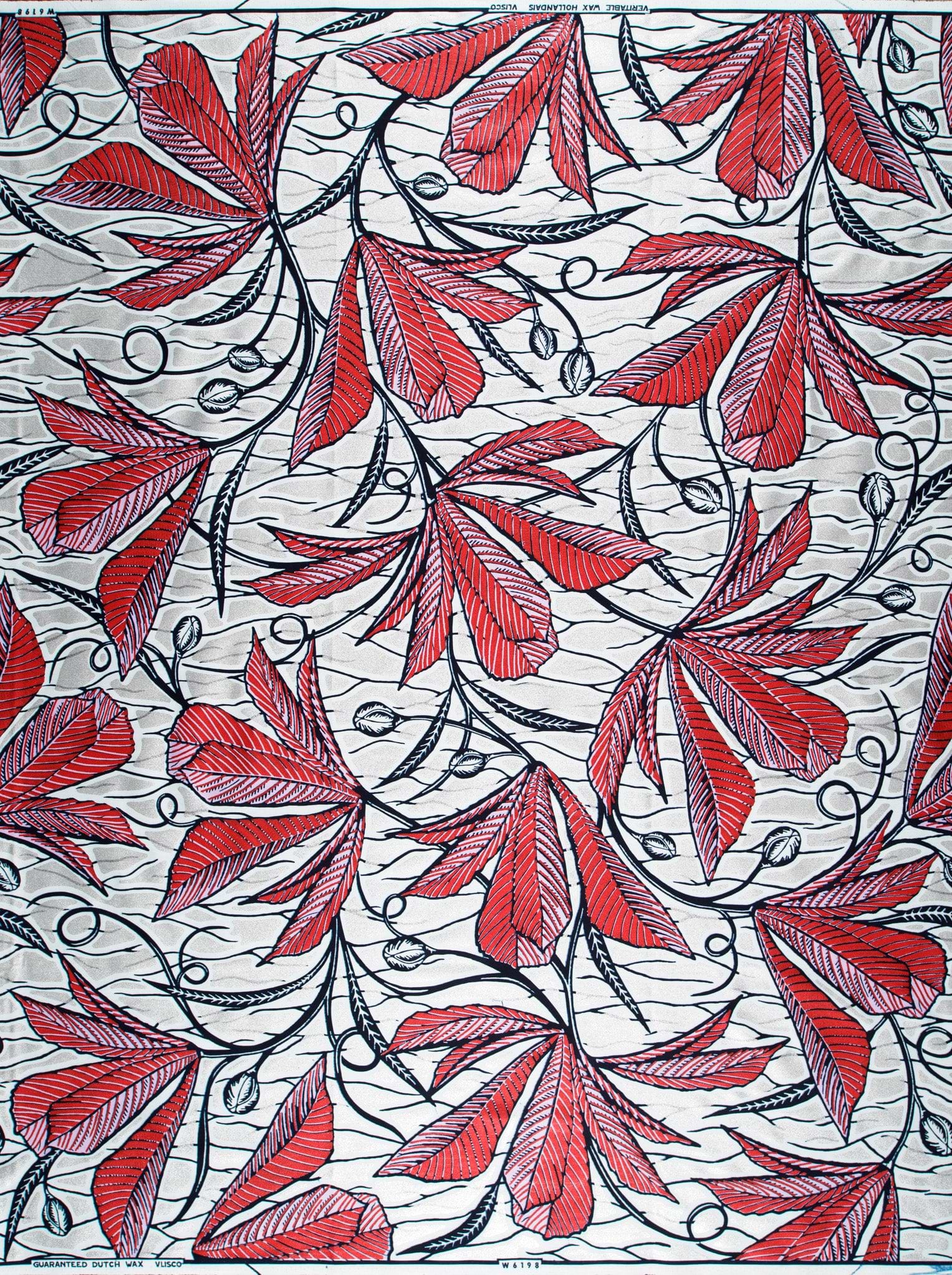 Red black leaf-patterned fabric white wax glitterglam vlw6198.023