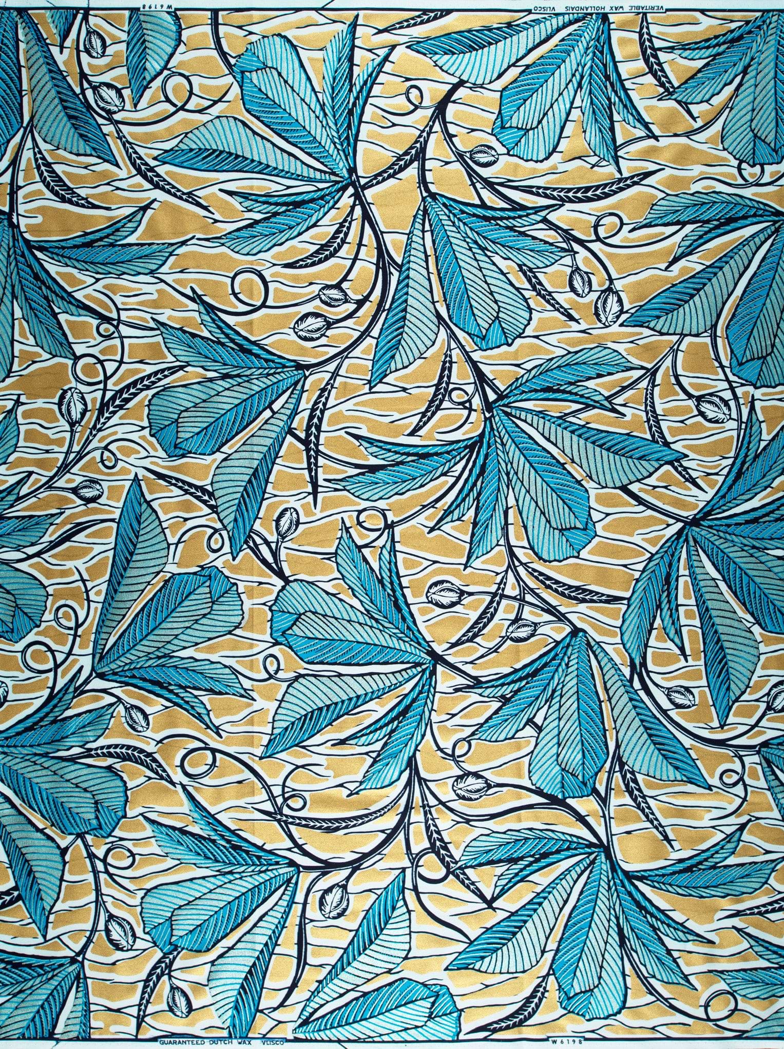 Vibrant turquoise leaf-patterned fabric black wax glitterglam vlw6198.024