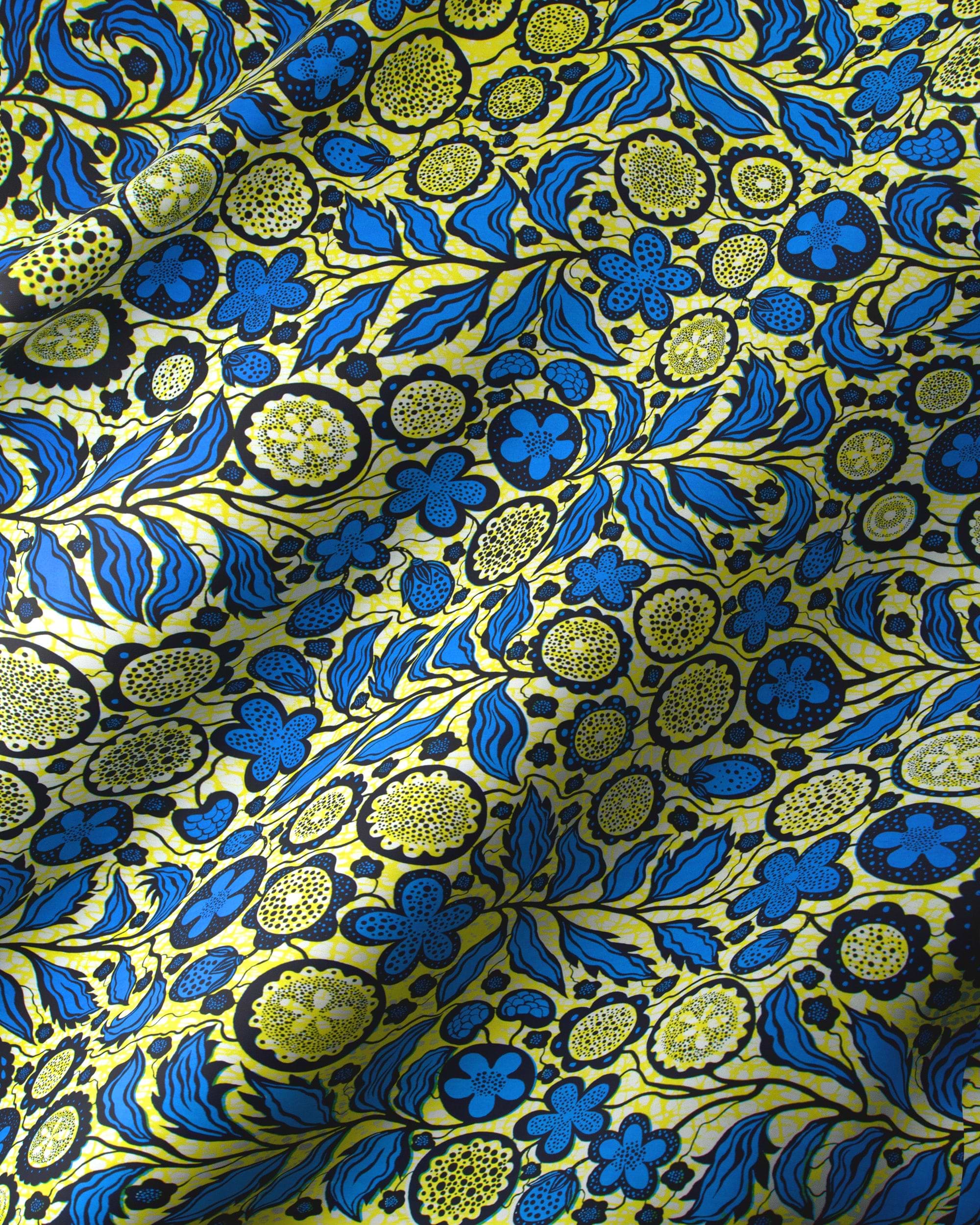 Vibrant blue yellow floral-patterned fabric wax hollandais vlw6565.013