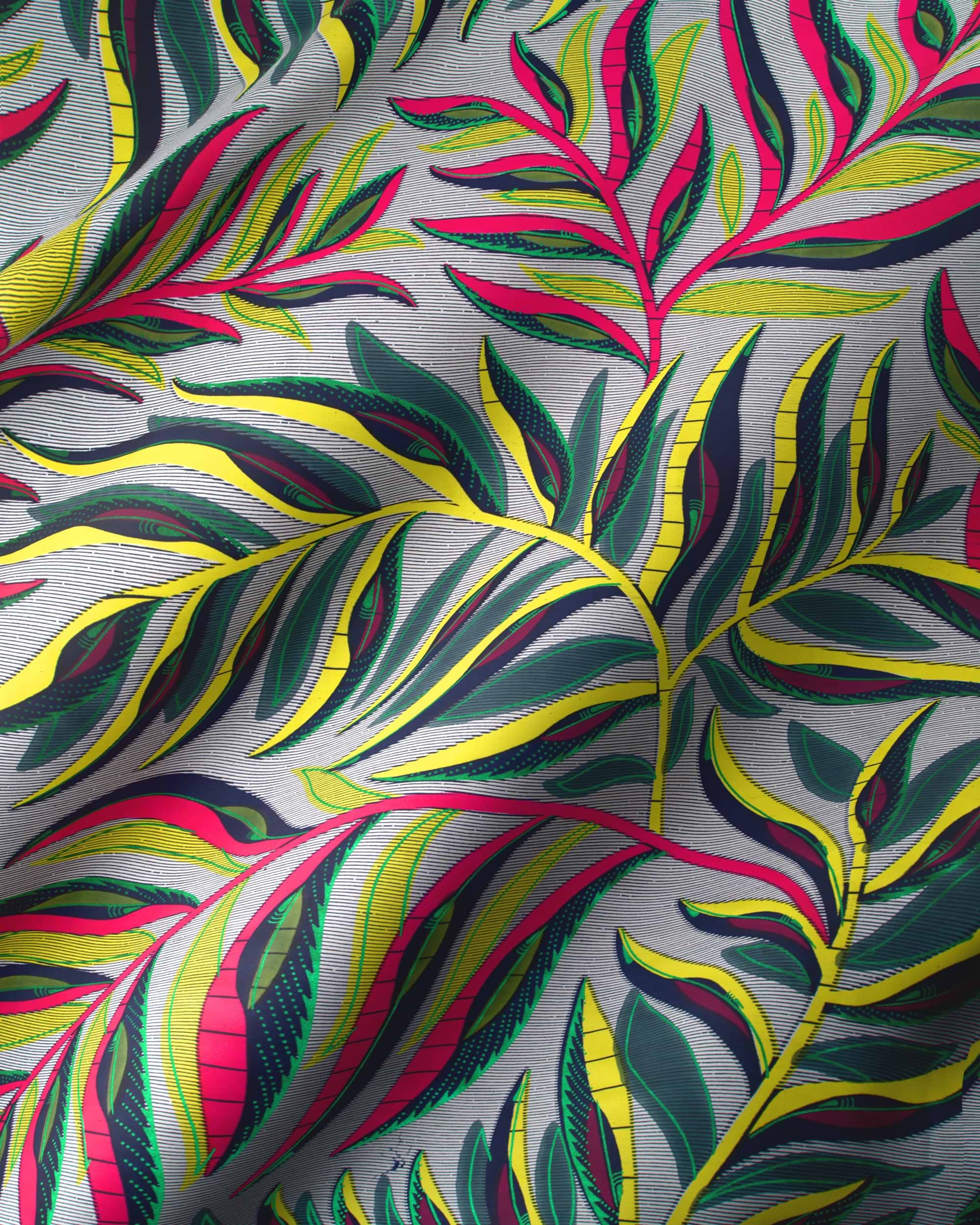 Vibrant tropical leaf patterned scarf satin royal vlw7906.007