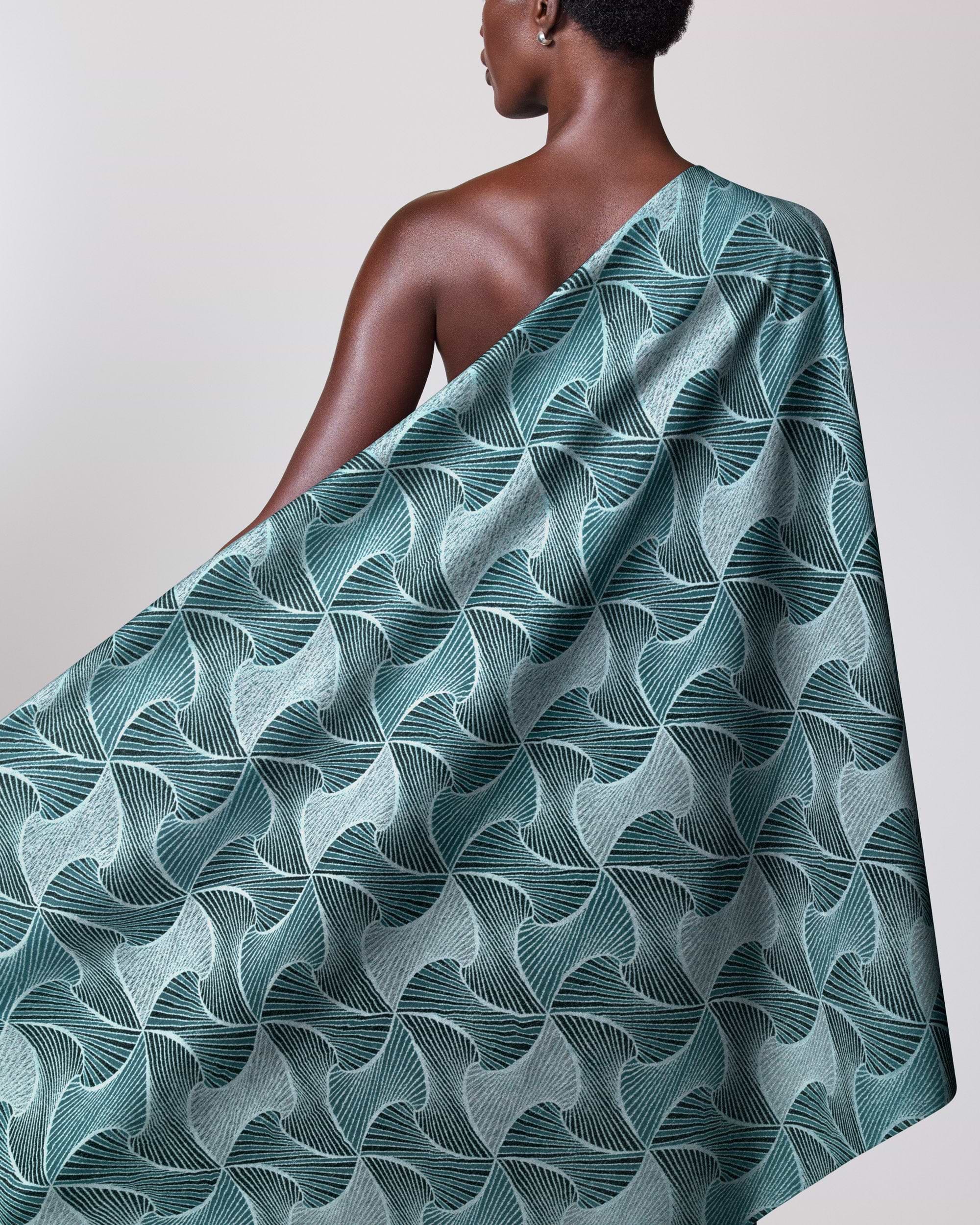 Teal silver geometric-patterned fabric draped radiance vlr9969.004