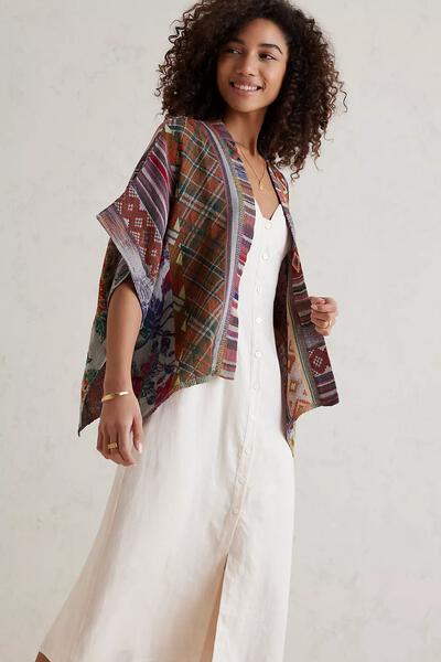 Floral Geometric Short Open Poncho - Dark Multi