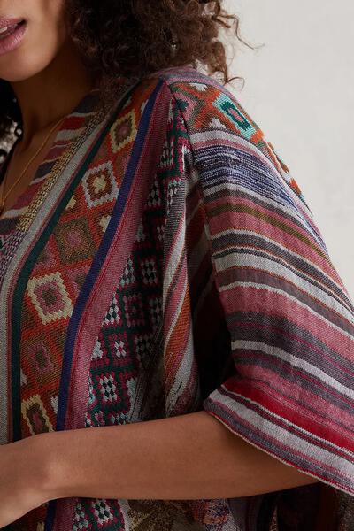 Floral Geometric Short Open Poncho - Dark Multi
