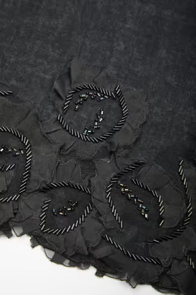 Floral Swirl Beaded Wool Scarf - Black