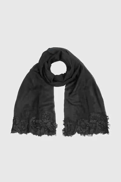 Floral Swirl Beaded Wool Scarf - Black