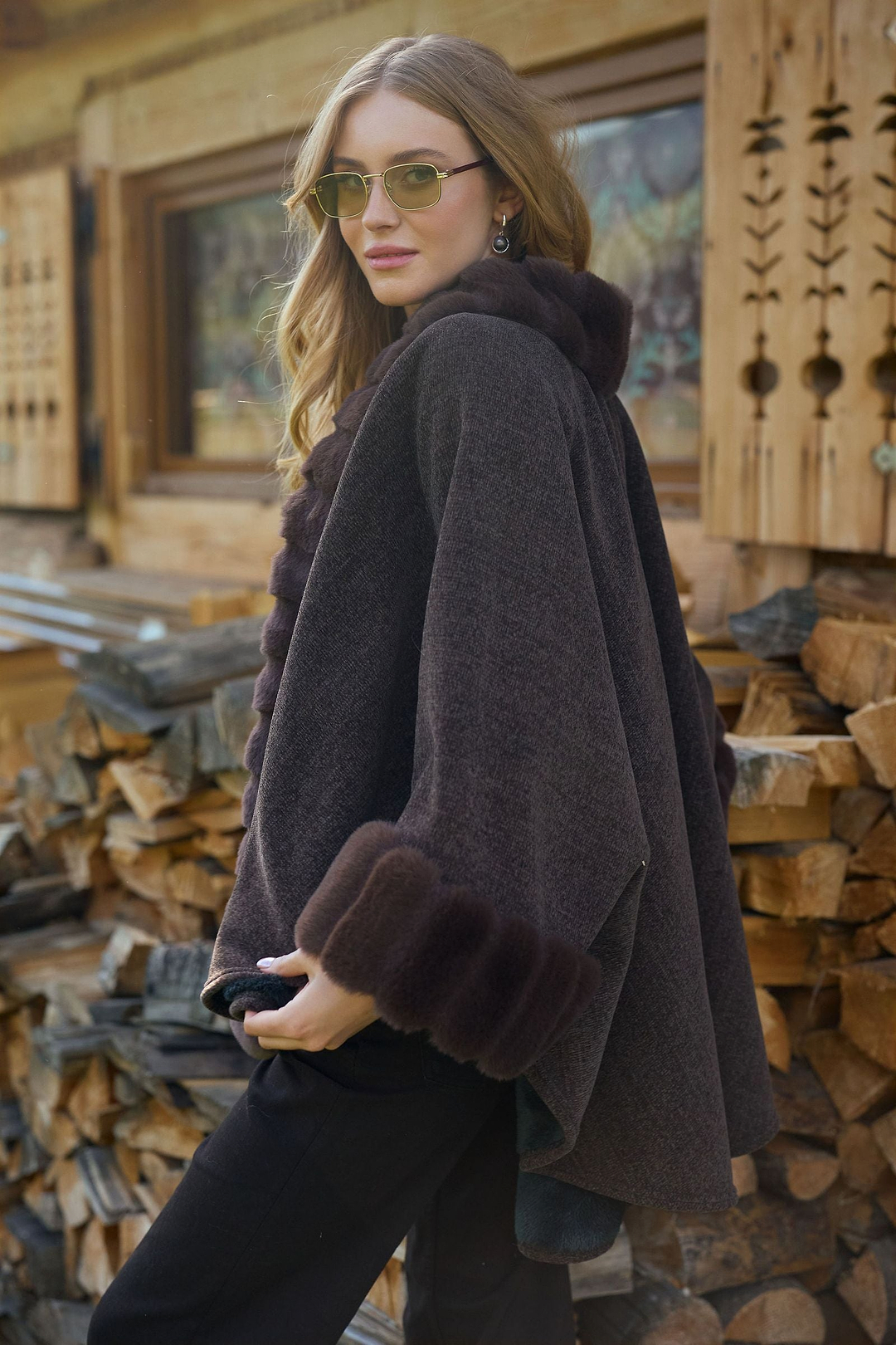 Luxe Faux Fur Trim Cape - Dark Brown