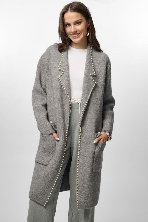 Pearl Trim Long Knit Blazer - Grey