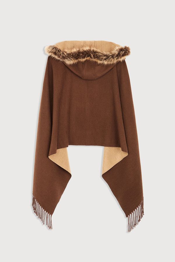 Fringe Fur Hood Scarf - Brown