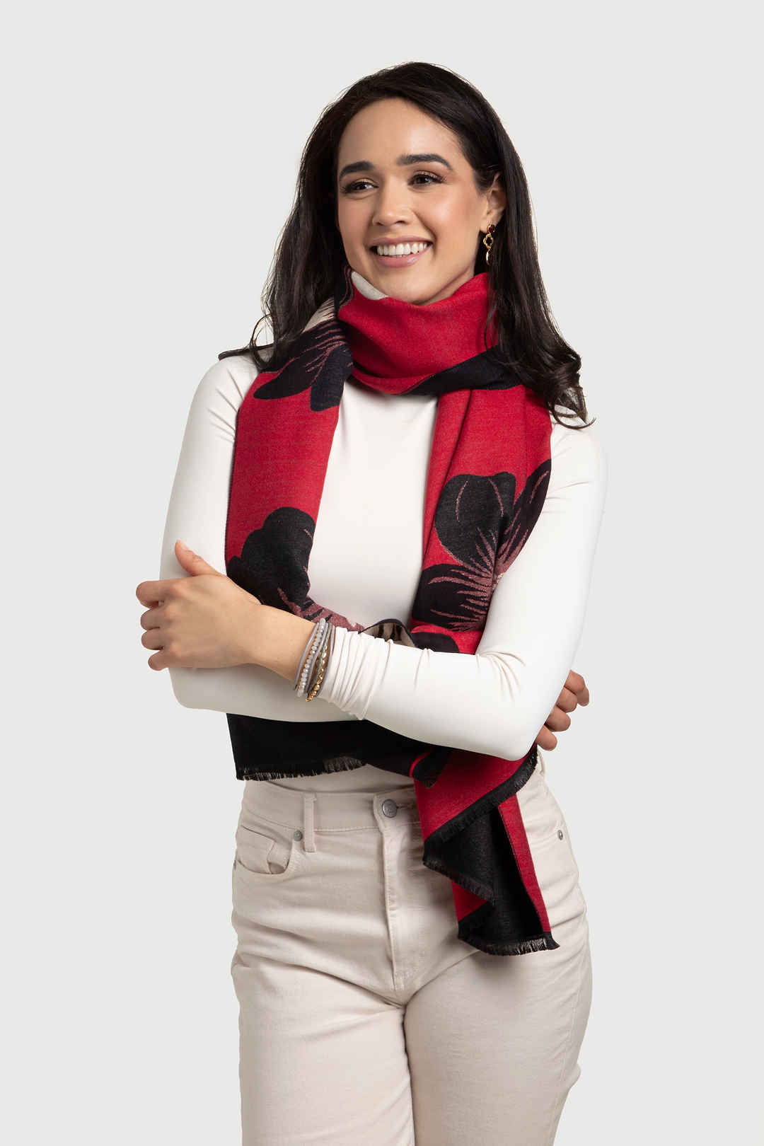 Fresh Floral Reversible Scarf - Crimson