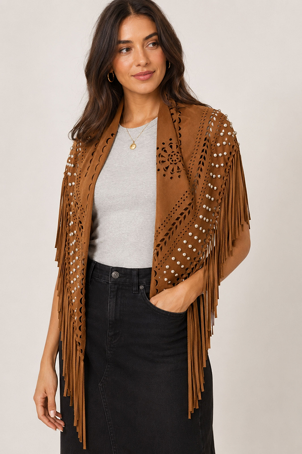 Paisley Laser Cut Fringe Triangle Wrap with Studs