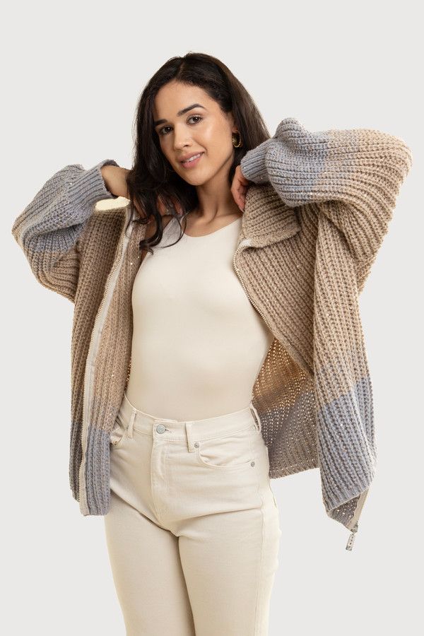 Zip Up Sequin Cardigan - Beige
