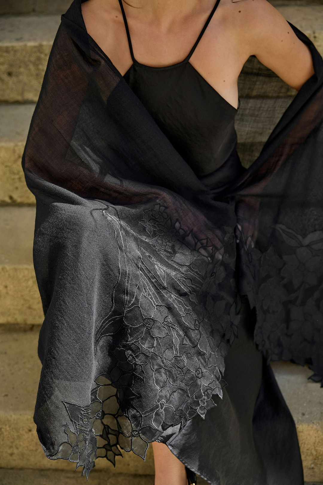 Vine with Floral Applique Wool Scarf - BLACK