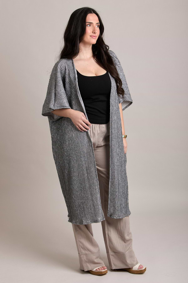 Pleated Metallic Kimono - Gunmetal