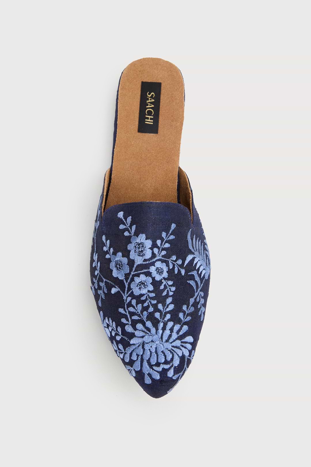 Flower and Leaf Motif Shoe Pointed Flat Mule - Navy