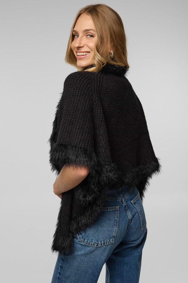 FUR TRIM KNIT OPEN CARDIGAN - Black