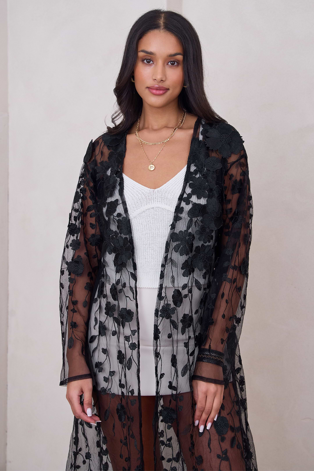 Sheer Floral Duster - Black