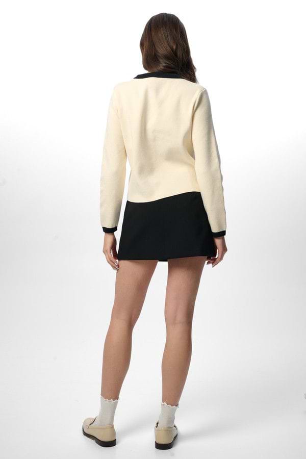 Chic Tie Neck Button Cardigan - White Combo