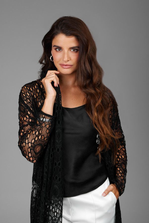 Black Long Lace Kimono - Black